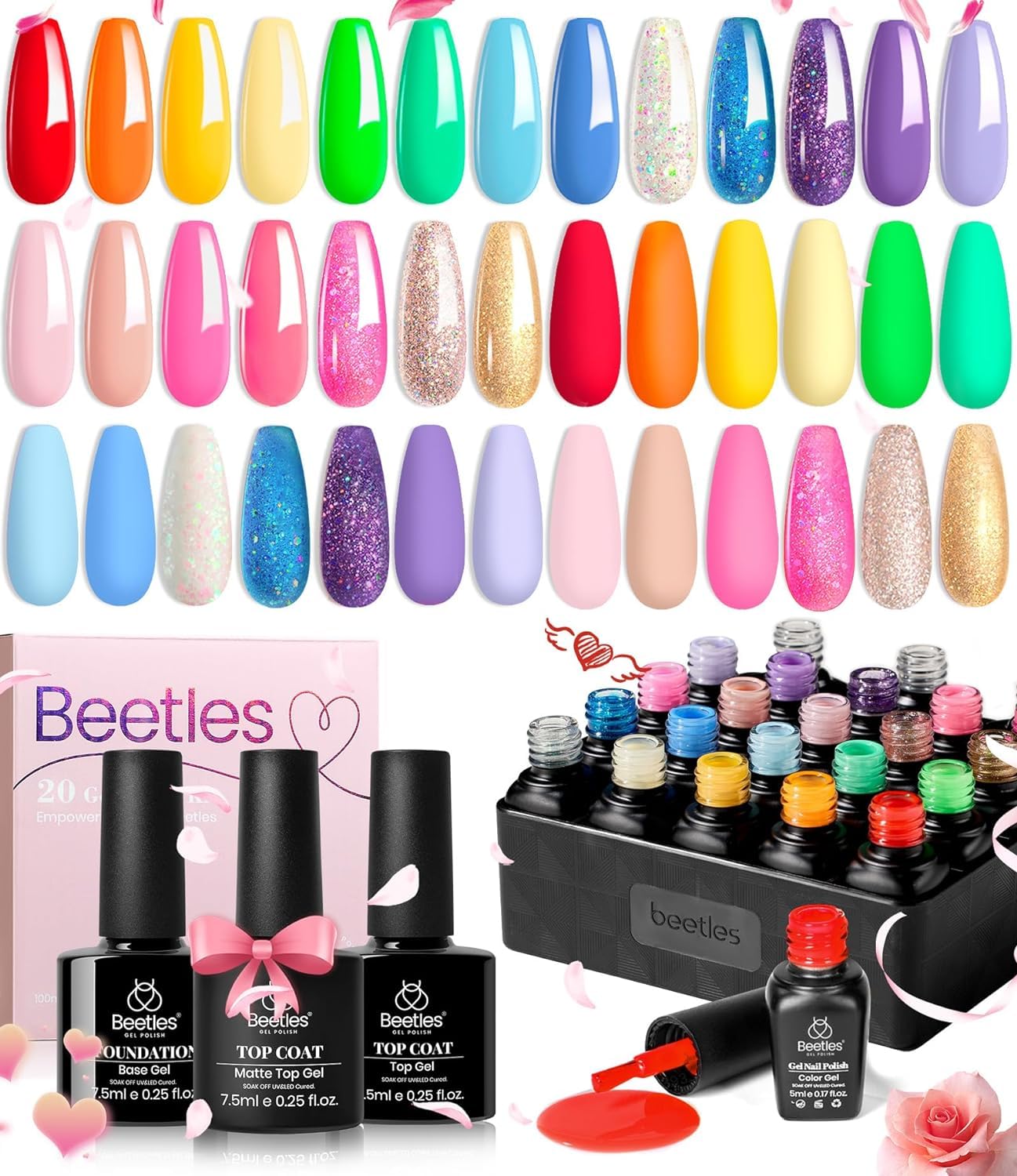 Beetles 20 Colores Arco Iris Verano Kit de Esmalte en Gel Lámpara LED de Remojo Juego de Esmaltes en Gel Nude Con Purpurina Con Capa Base de Gel Superior Brillante y Mate