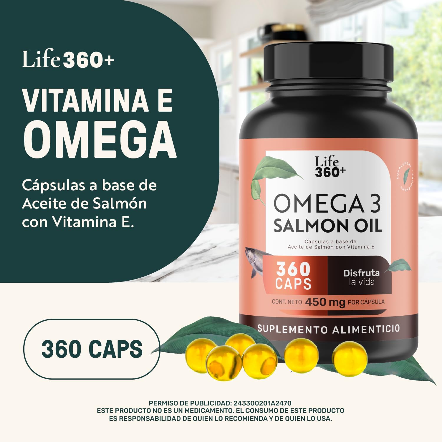 LIFE 360+ Vitamina E Omega | 360 Cápsulas | Aceite de Salmón con DHA y EPA Vitamina E (dl-a-tocoferol) | Suplementos Alimenticios Omega 3 | Aceite de Pescado (Fish Oil) | 360 Cápsulas por Envase