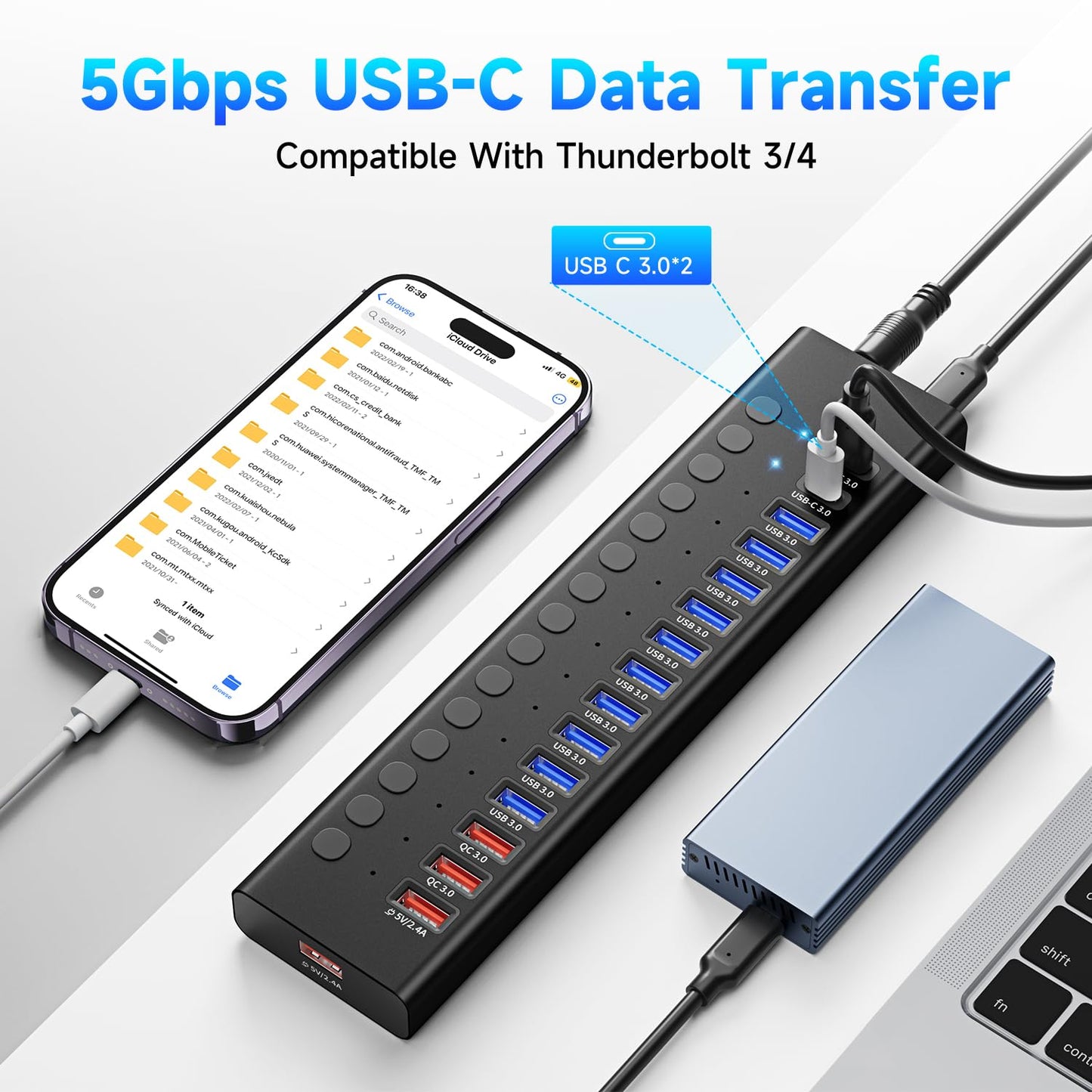 Hub USB 3.0 con alimentación, divisor de concentrador USB C de 16 puertos (10 USB 3.0+2 QC 3.0+2 carga inteligente +2 USB-C 3.0) con interruptores individuales, adaptador de corriente certificado UL