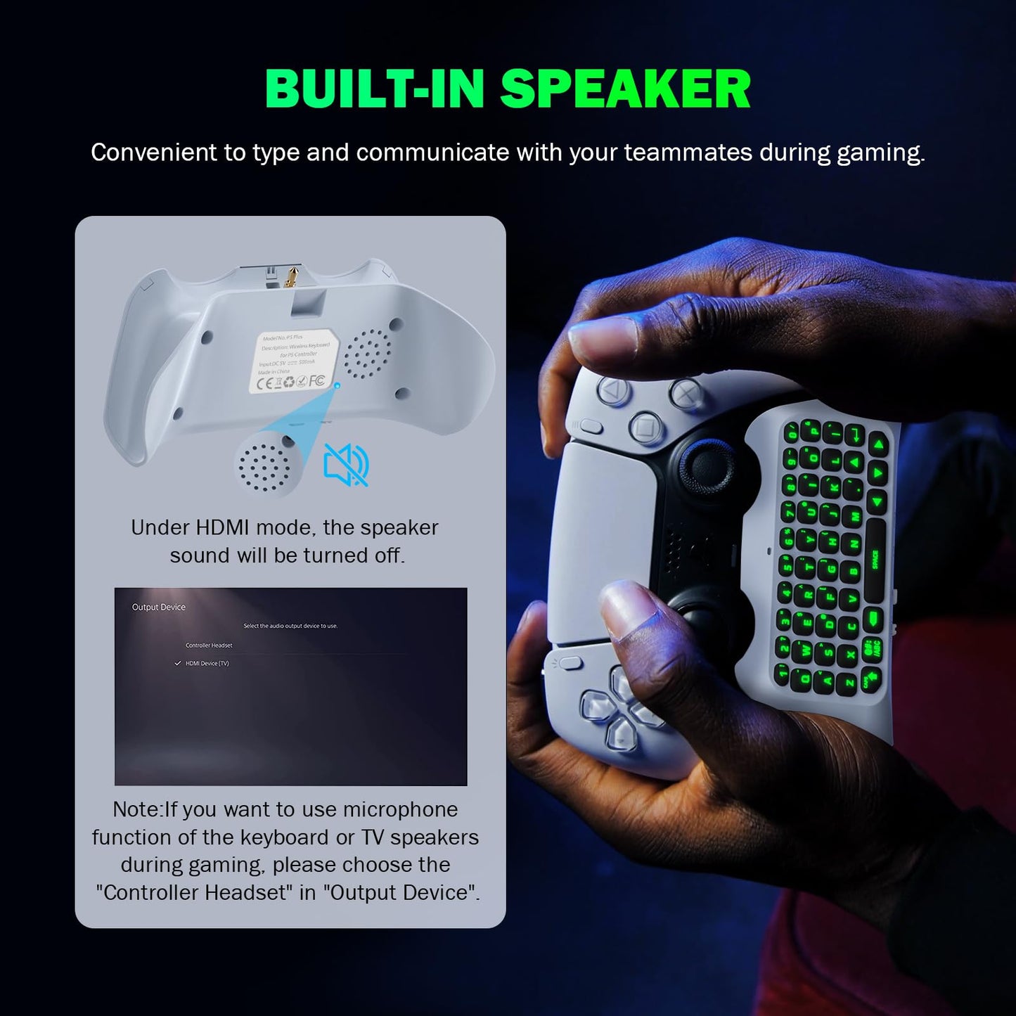 Teclado Retroiluminado Verde MoKo Blanco con Altavoz y Jack de Audio para Controlador PS5