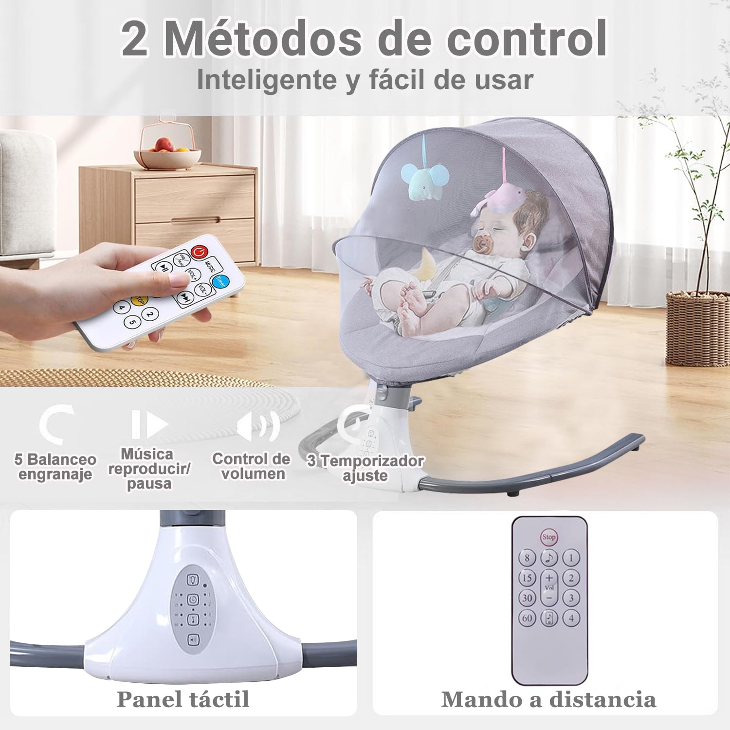 Mecedora Eléctrica para Bebé, Columpio Portátil Gris con Mando a Distancia y Canciones de Cuna