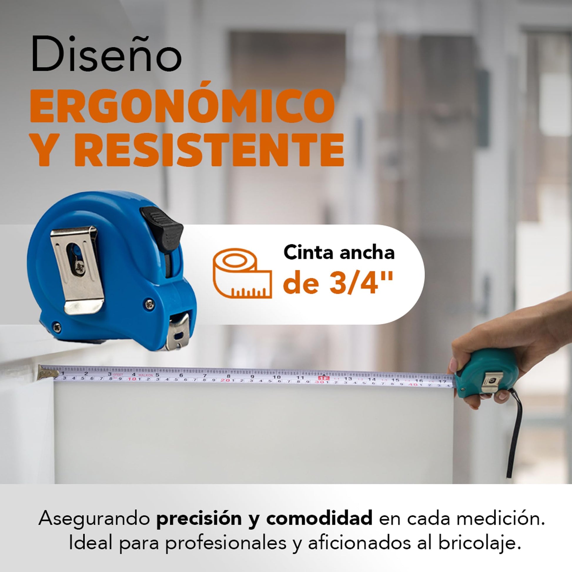 Flexómetro WALKON Azul Cinta Blanca Escala en Centímetros, Pulgadas y Fracciones 5 Metros Herramientas Ergonómicas