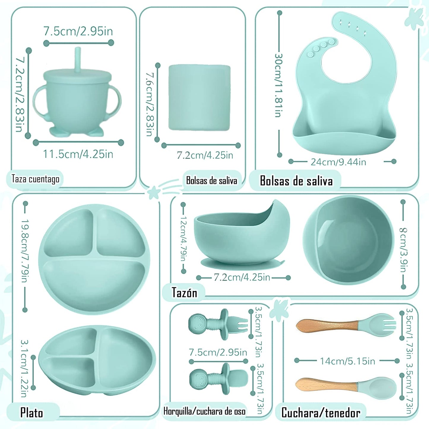 Set de Platos de Silicón para Bebé Verde Antivuelco Sin BPA