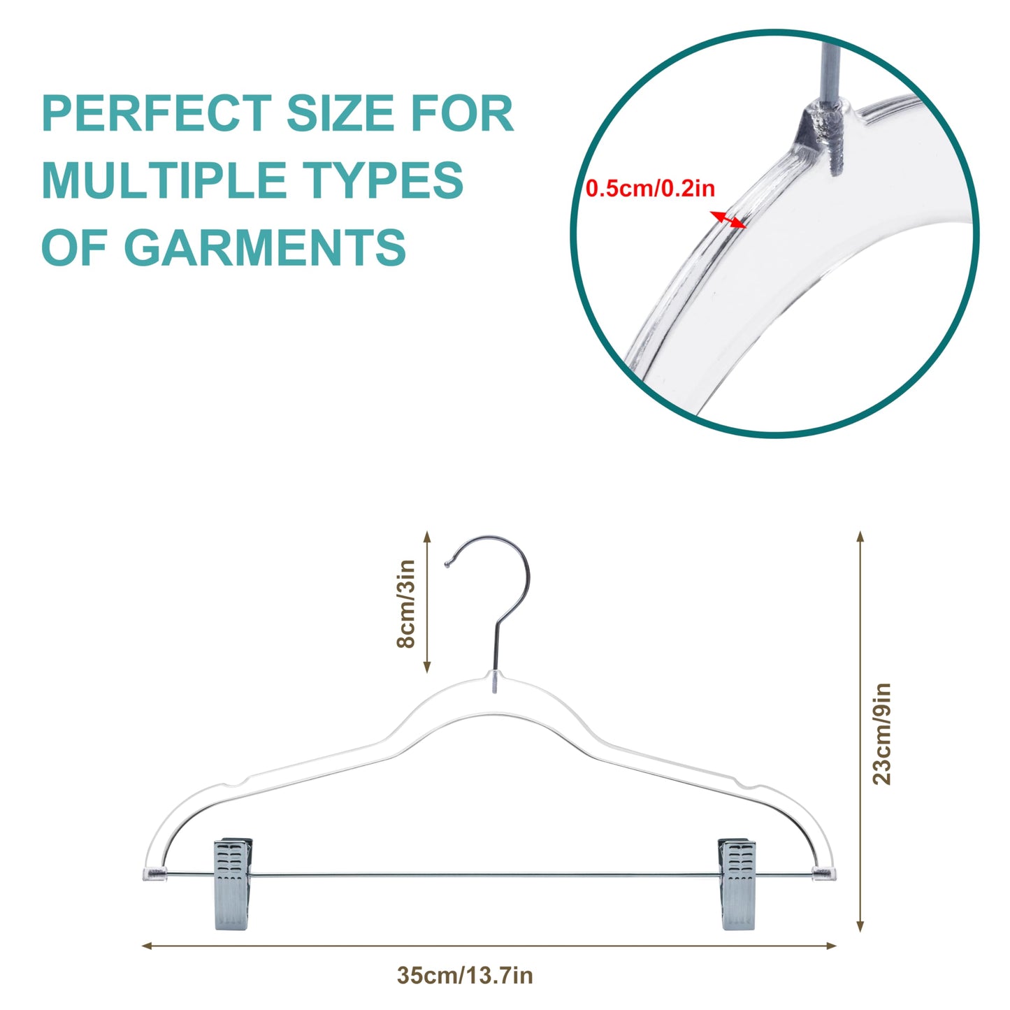 Perchas transparentes de calidad para pantalones de niños con clips, paquete de 20 | Perchas resistentes para faldas con gancho giratorio y muescas | Perchas con clips ahorradoras de espacio para