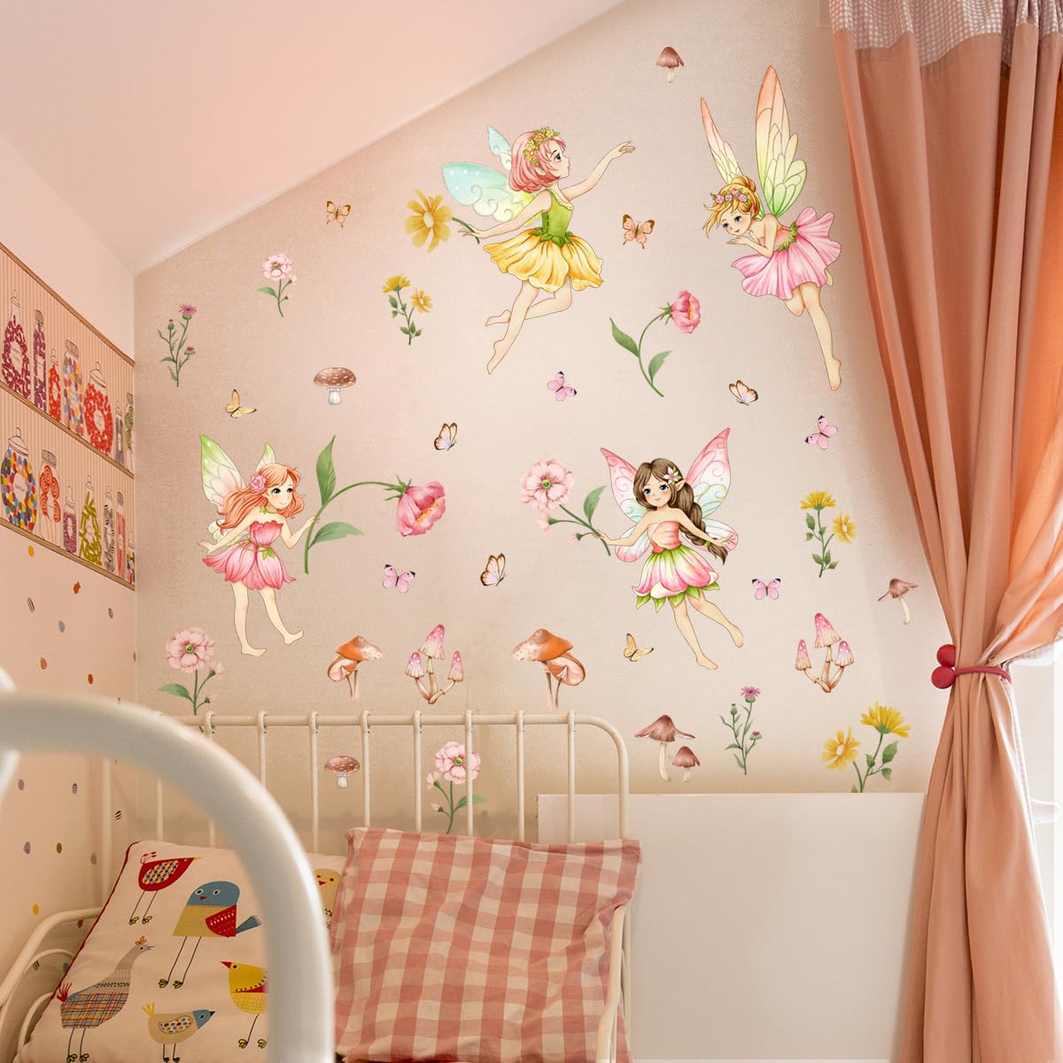 Vinilo decorativo para pared, diseño de hada de flores, diseño de hongos del bosque, pegatinas de pared con mariposa, murales de pared florales extraíbles para despegar y pegar para niños, papel