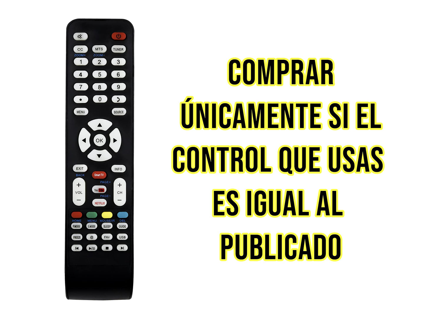 Control Remoto Atvio Pantalla Smart-TV Netflix Youtube, modelo:Atv32sm Atv43sm, control directo, no es necesario programar, comprar únicamente si tu modelo es igual al que se muestra en la imagen Letras Azules 4K