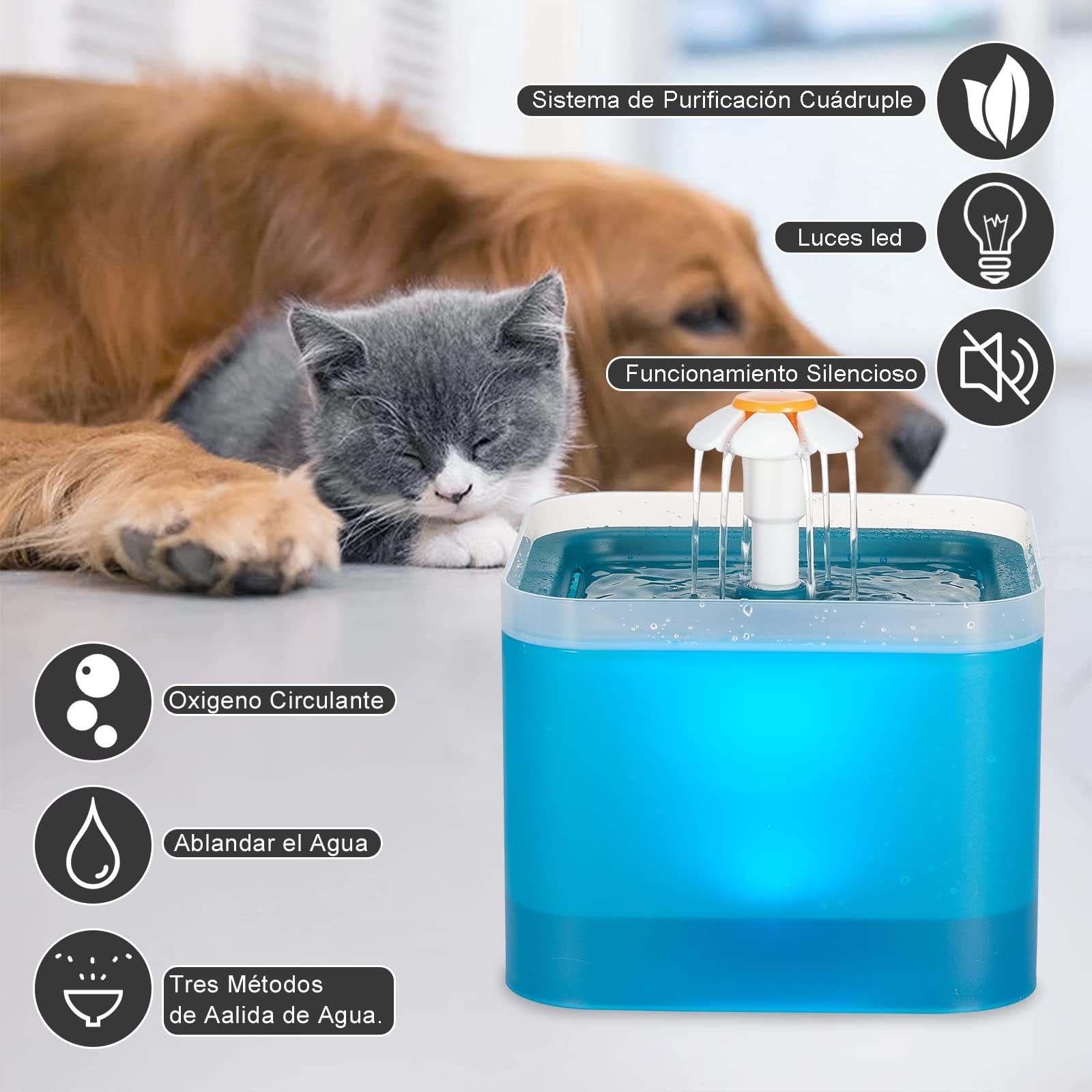 Fuente de Agua para Gatos, Fuente para Gatos Ultra Silenciosa con luz LED, Fuente de Agua para Mascotas con Capacidad de 2 l con Filtro, Dispensador Automático de Agua Potable para Gatos y Perros
