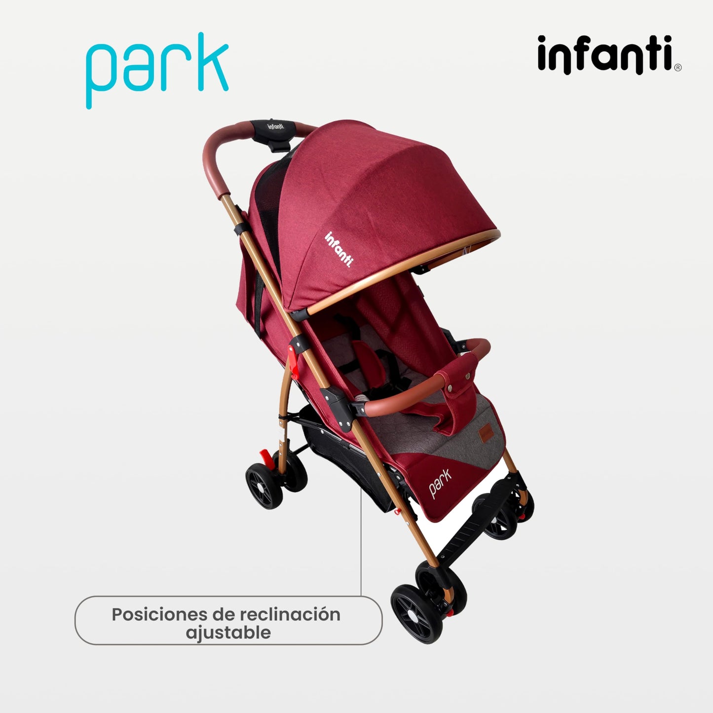 INFANTI | Carriola para Bebe PARK Rojo | Carreola con Portabebé - Carriola de Viaje - Carrito para Bebe | Cosas para Bebes 6 Meses hasta 15 kg - Compacta y Plegable | Barra de Seguridad Desmontable