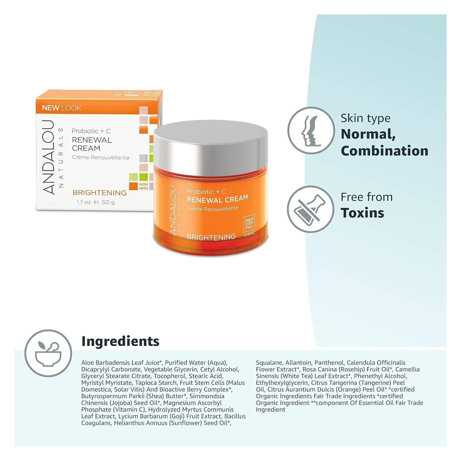 Crema Renovadora Andalou Naturals con Probióticos y Vitamina C, 1.7 oz - Iluminación y Rejuvenecimiento de la Piel - Cuidado Facial Natural y Efectivo