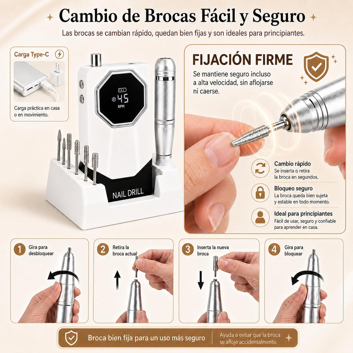 Esmerl para Uñas Eléctrica,Drill para Uñas Profesional 45000 rpm de Velocidad Ajustable con base de soporte,6 Drill Multifunción,Drill para Uñas Profesional de bajo ruido para uso doméstico y salón.