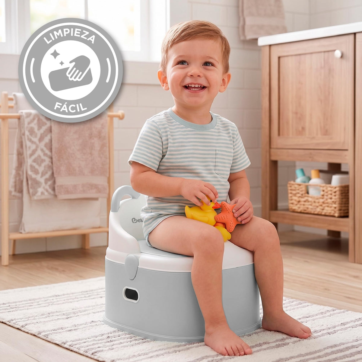 BEBBLY Bañito Entrenador Infantil 3 en 1, Bacinica, Asiento Reductor y Banco con Almacenamiento Antiderrapante para Niños de 6 Meses a 3 Años, Fácil de Limpiar, para Aprender a ir al Baño (Gris)