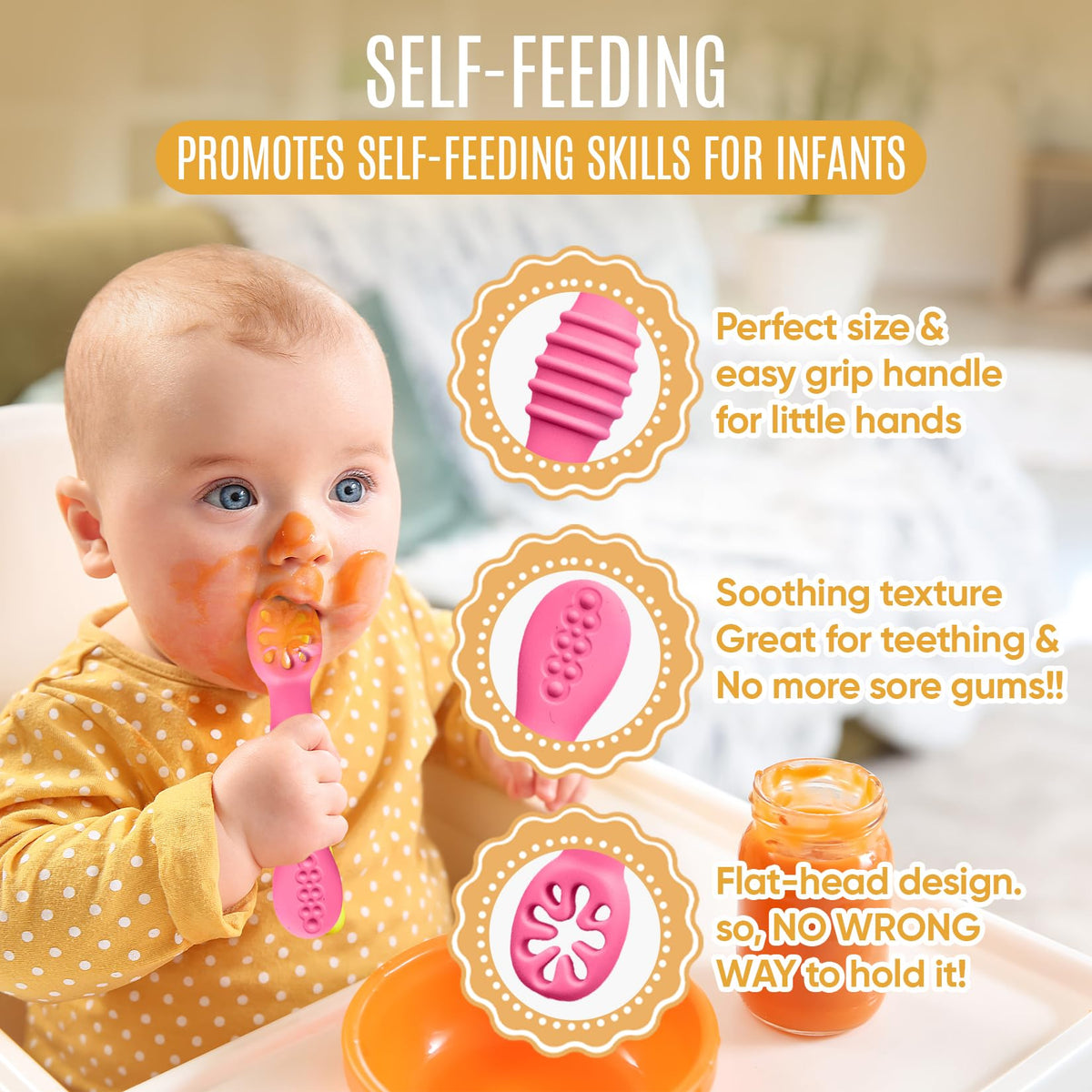 HippoBaby - Cucharas de silicona para bebé, 4 piezas, utensilios autoalimentables para bebé, 6-12 meses, 3 cucharas para bebé, 1 tenedor para bebé, juego de cubiertos para niños pequeños, sin BPA