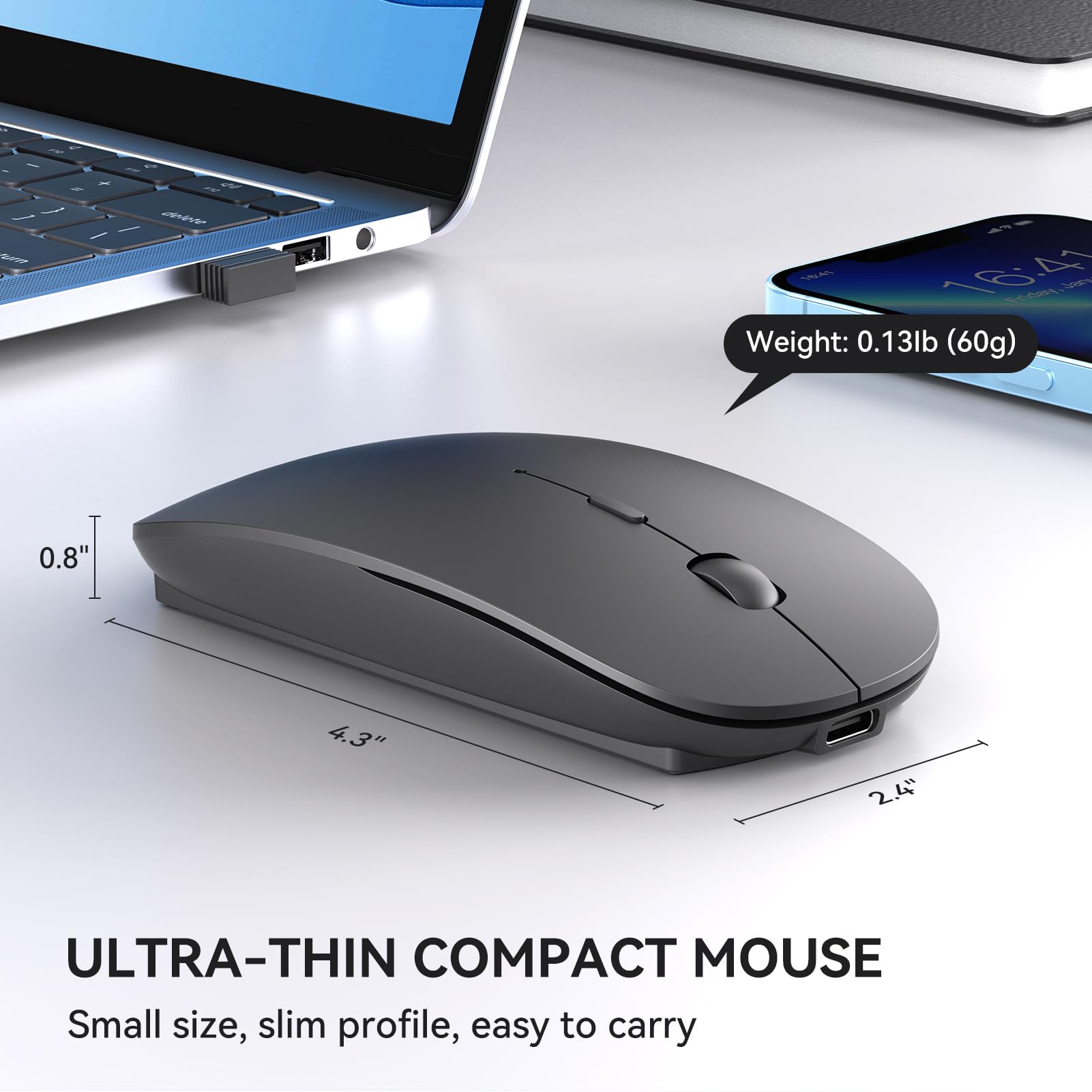 cimetech Ratón inalámbrico Receptor USB A y Tipo C, Clic silencioso, Recargable Tipo C, Revestimiento de Goma Suave al Tacto, ratón de Viaje Delgado para Ordenador portátil MacBook Air/Pro -Negro