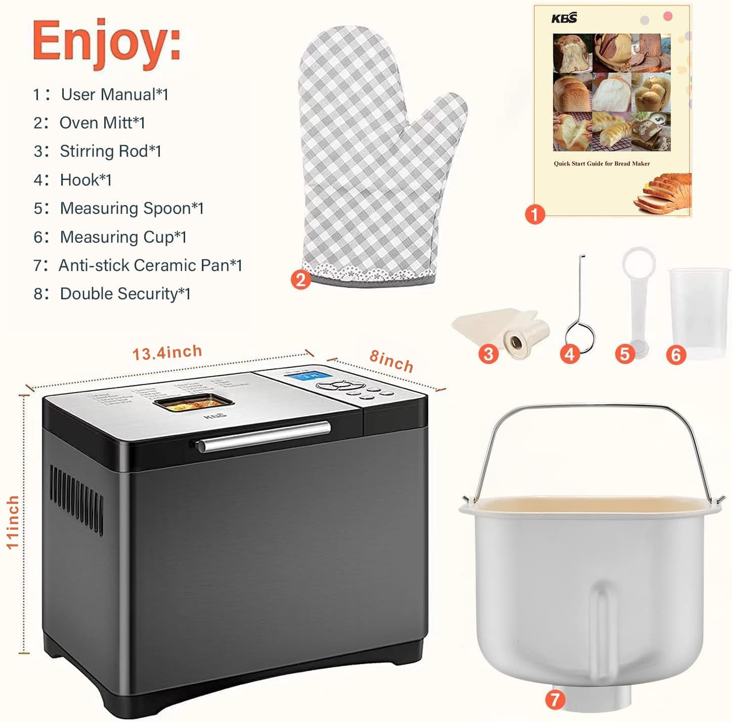 KBS Máquina de pan de 2 libras, máquina de pan automática 19 en 1 de acero inoxidable con sartén de cerámica, temporizador de 15 horas y 1 hora para mantener caliente, masa madre, sin gluten, máquina