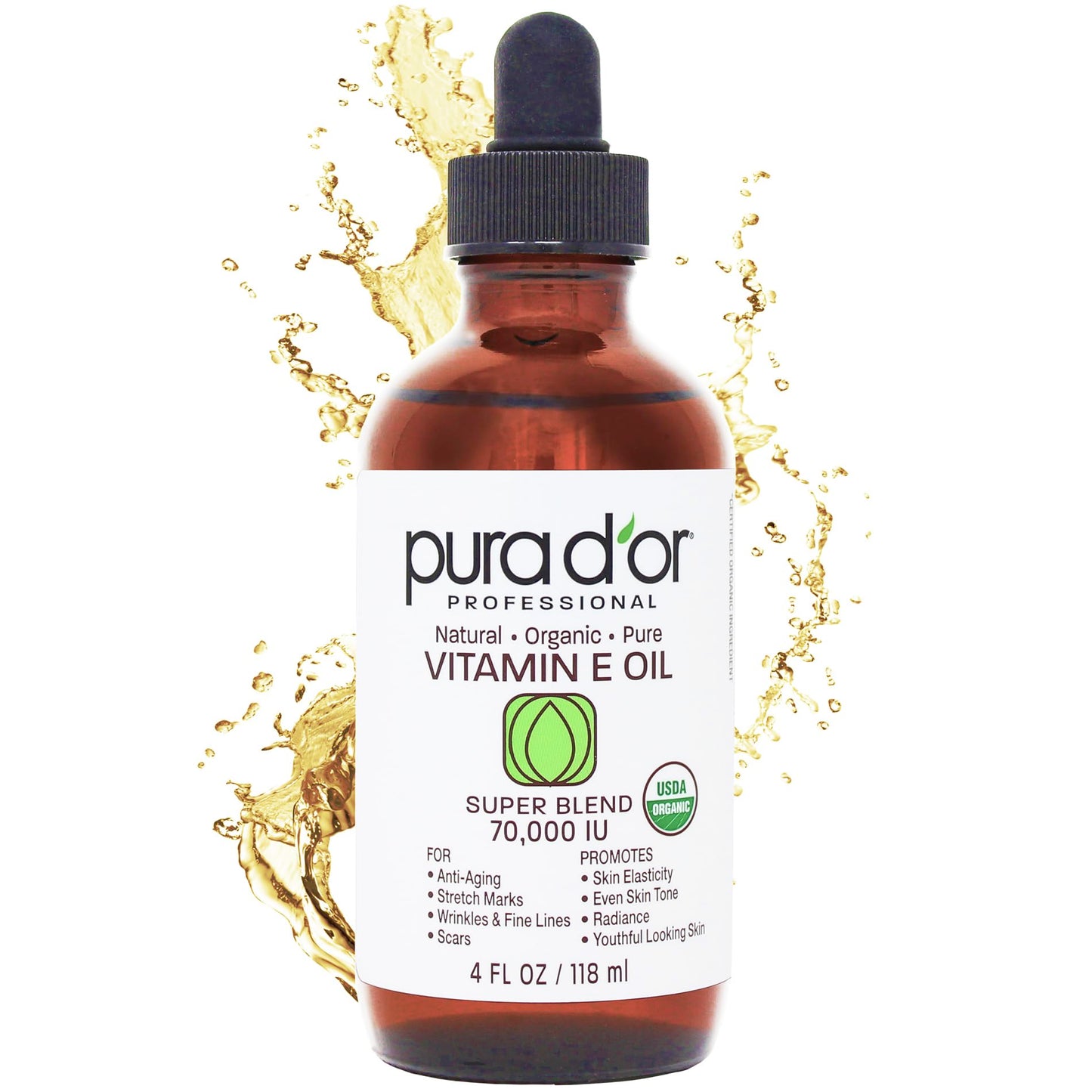 PURA D'OR Organic Vitamin E Oil (4oz / 118mL) 70,000 IU 100% Pure Natural USDA Organic For Skin Face Hexane Free w/Sweet Almond, Apricot, Jojoba, Argan, Rosehip, Sunflower & Avocado Oil For Bath Body