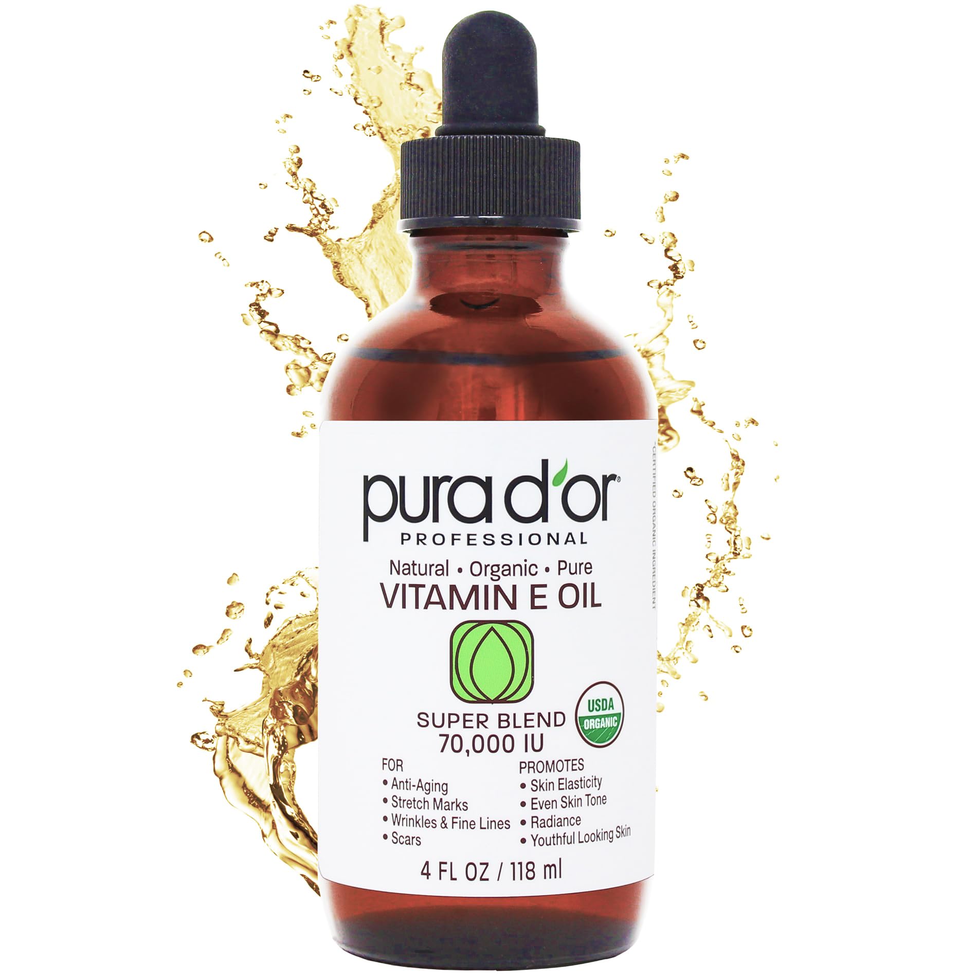 PURA D'OR Organic Vitamin E Oil (4oz / 118mL) 70,000 IU 100% Pure Natural USDA Organic For Skin Face Hexane Free w/Sweet Almond, Apricot, Jojoba, Argan, Rosehip, Sunflower & Avocado Oil For Bath Body