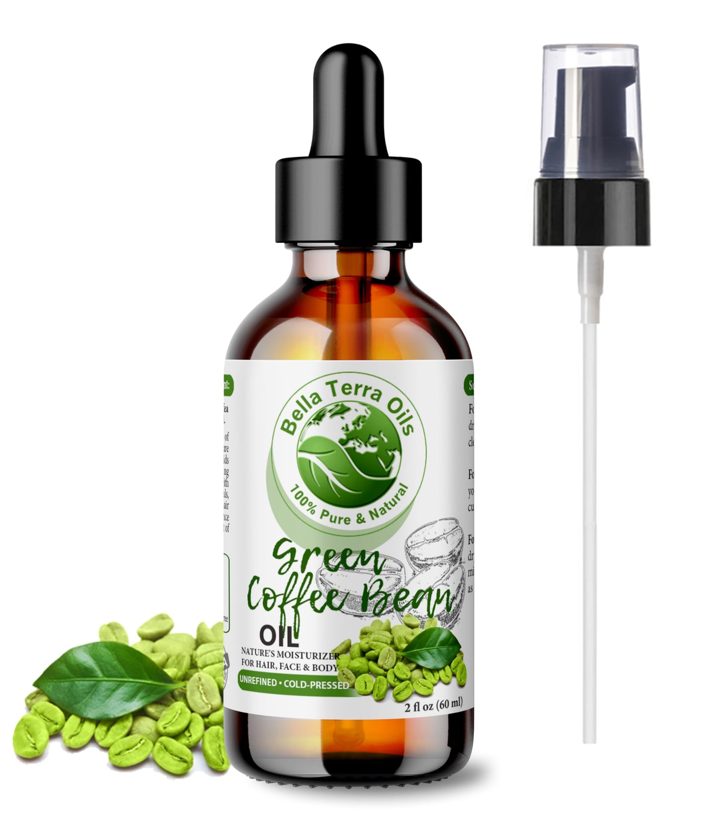 NEW Green Coffee Bean Oil. 2oz. Cold-pressed. Unrefined. Organic. 100% Pure. Non-comedogenic. Hexane-free. Reduces Eye Puffiness. Natural Moisturizer. For Hair, Skin, Nails, Stretch Marks, Scars.