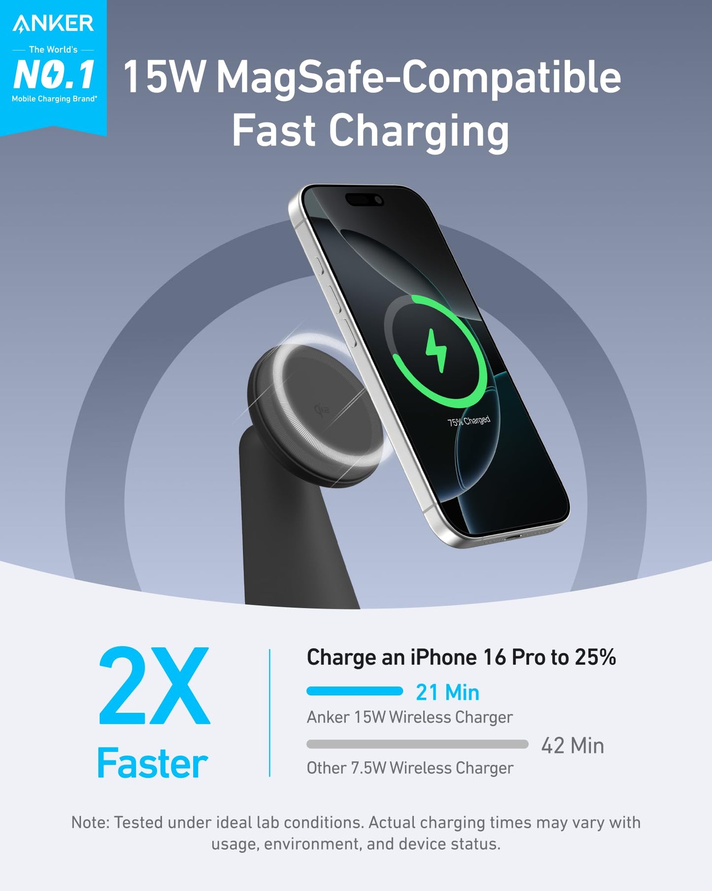 Anker Estación de Carga Inalámbrica 15W, Soporte 2 en 1, Carga Rápida Qi2, Sistema de Carga Dual, Conexión Magnética Segura, Ángulos Ajustables, Diseño Elegante para iPhone 15 Pro y Auriculares TWS