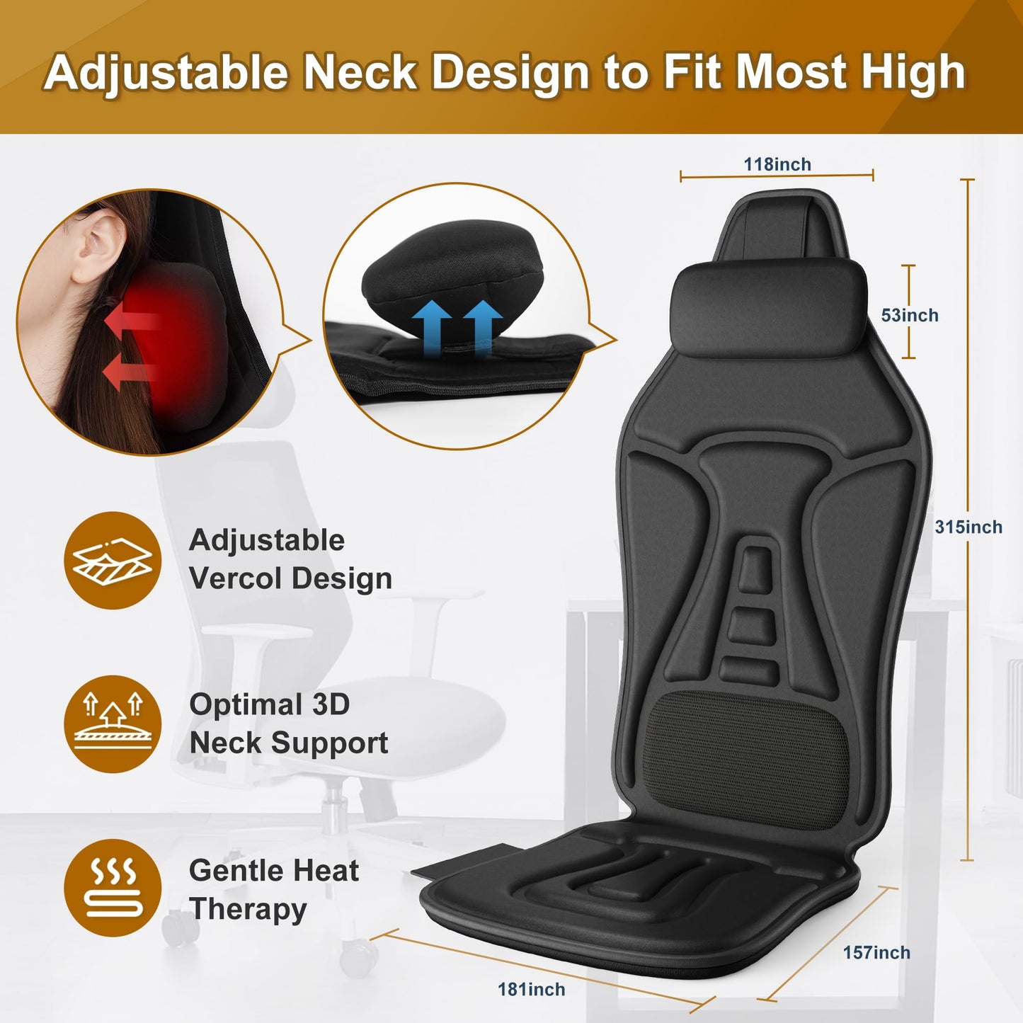 comrelax Masajeador de Espalda con Calor para aliviar el Dolor de Tejido Profundo, cojín de Asiento de masajeador de Silla portátil con Masaje de vibración, Almohadilla de Silla de Masaje de Espalda