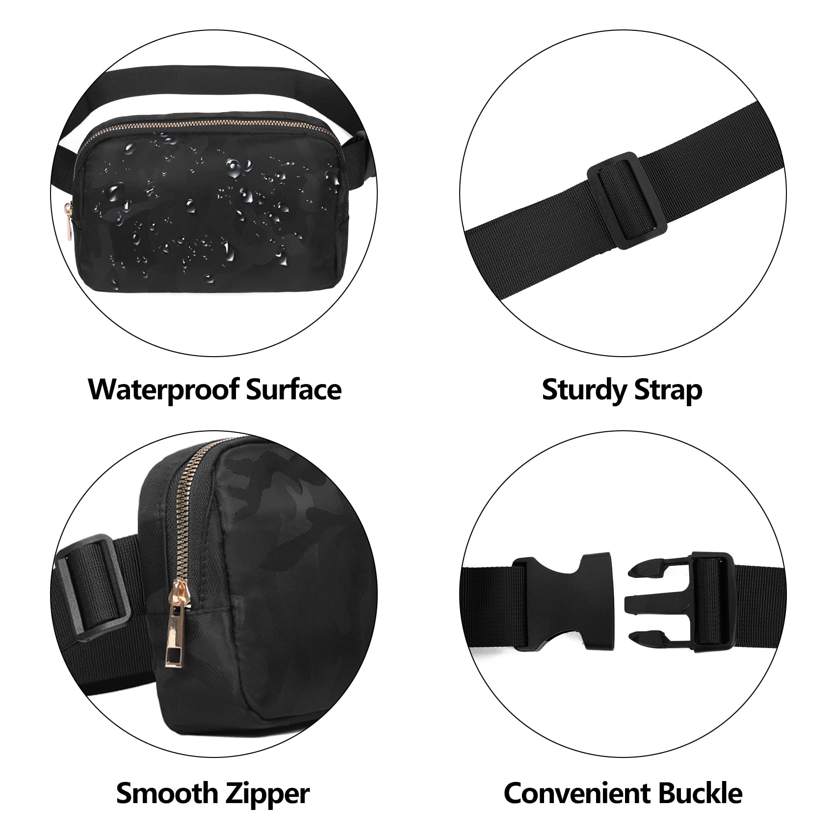 Riñonera VOROLO Negro Camo con Correa Ajustable para Mujeres y Hombres