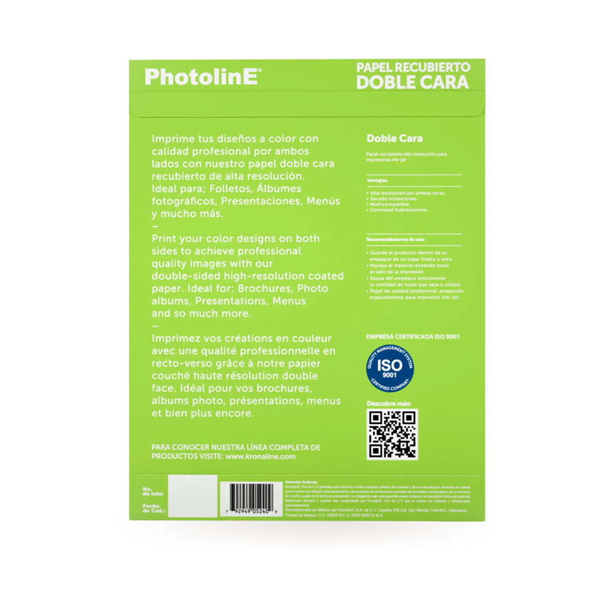 Papel Recubierto Kronaline Alta Resolución Blanco Doble Cara 230g/m2 Para Impresora De Inyección De Tinta Acabado Mate 25 Hojas Tamaño Carta