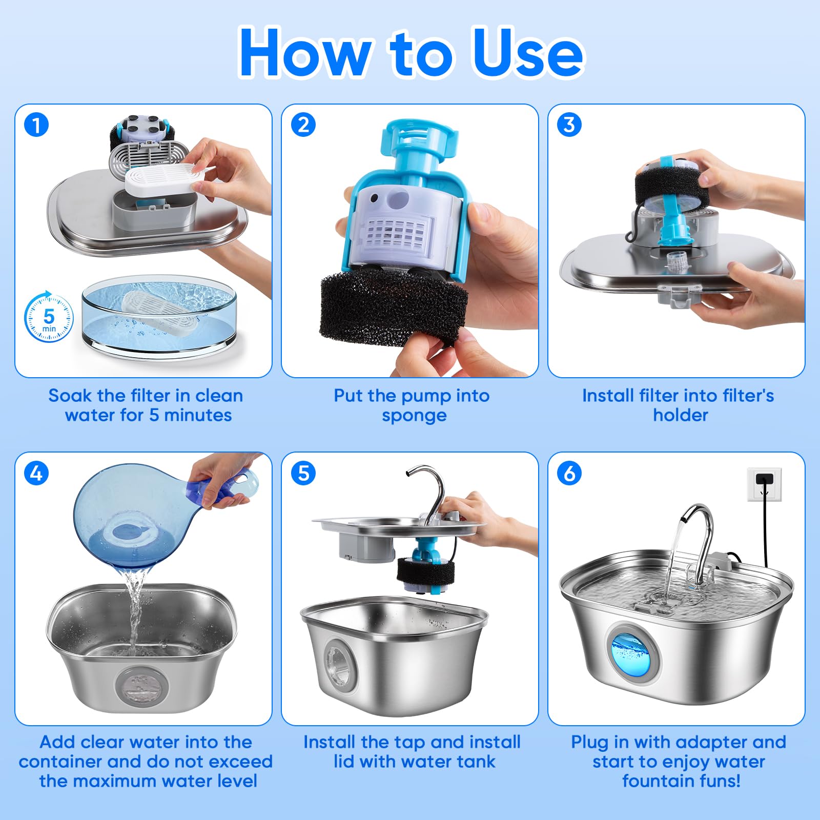 Fuente de agua para gatos con ventana de nivel de agua, fuente de agua para mascotas de 110 oz/3.2 l para gatos/perros en el interior, acero inoxidable 304, apta para lavaplatos con bomba de bajo ruido, sistema de filtración