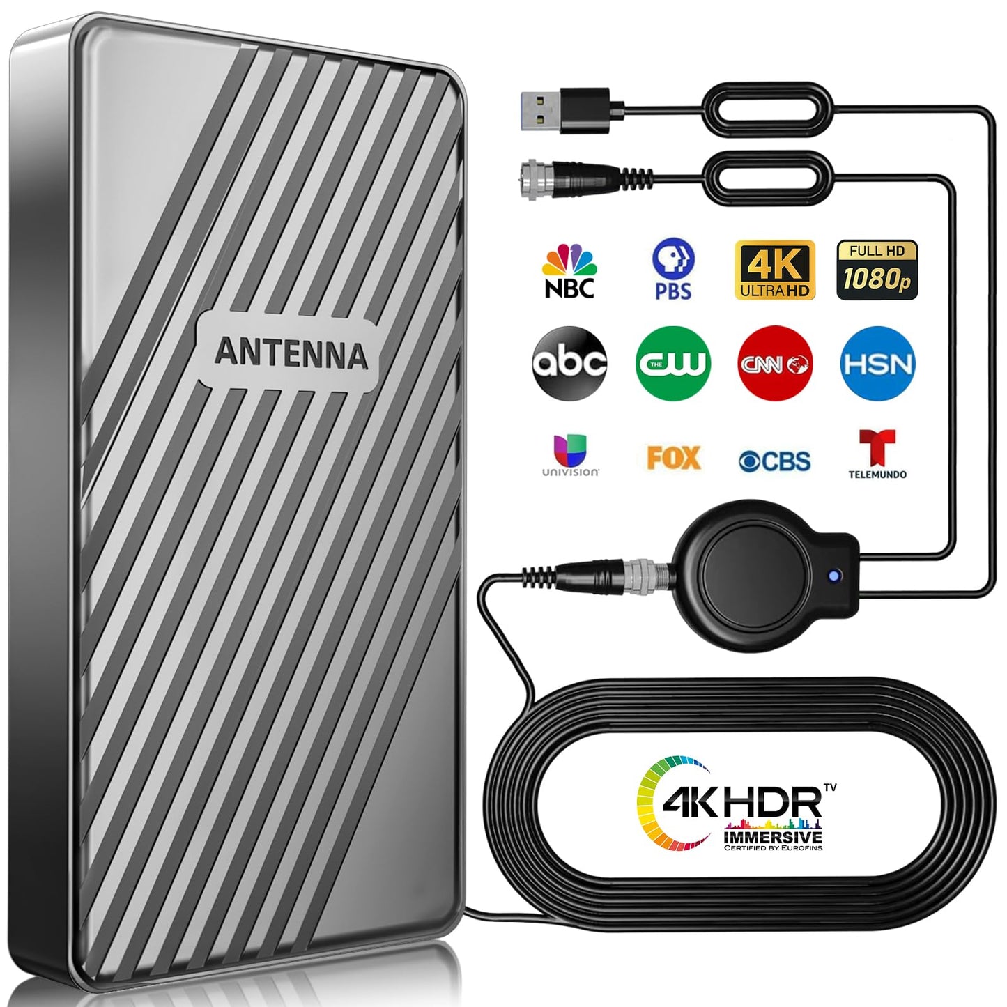 Antena de TV de alcance de más de 2200 millas para canales locales, antena de TV digital más fuerte mejorada 2025 para interiores y exteriores con amplificador de señal y cable coaxial de 33 pies