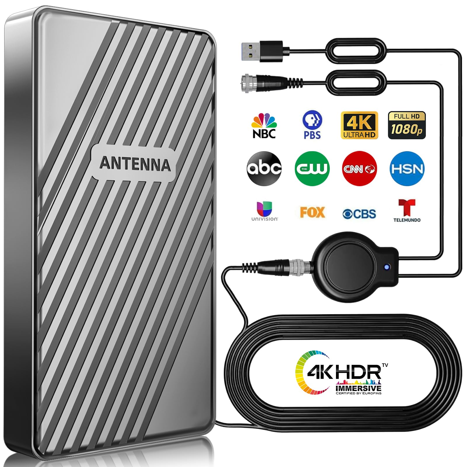 Antena de TV de alcance de más de 2200 millas para canales locales, antena de TV digital más fuerte mejorada 2025 para interiores y exteriores con amplificador de señal y cable coaxial de 33 pies