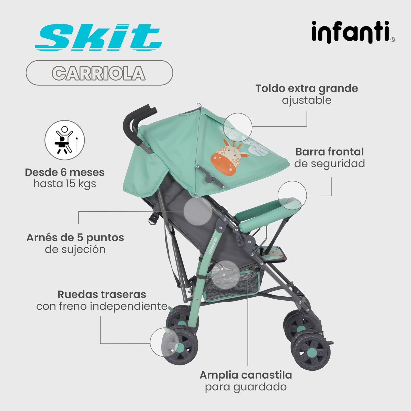 INFANTI | Carriola para Bebe de Baston SKIT | Carriola de Viaje - Carrito para Bebe | Cosas para Bebes 6 Meses hasta 15 kg - Compacta y Plegable | Carriola de Baston Ligera con Arnés de Seguridad