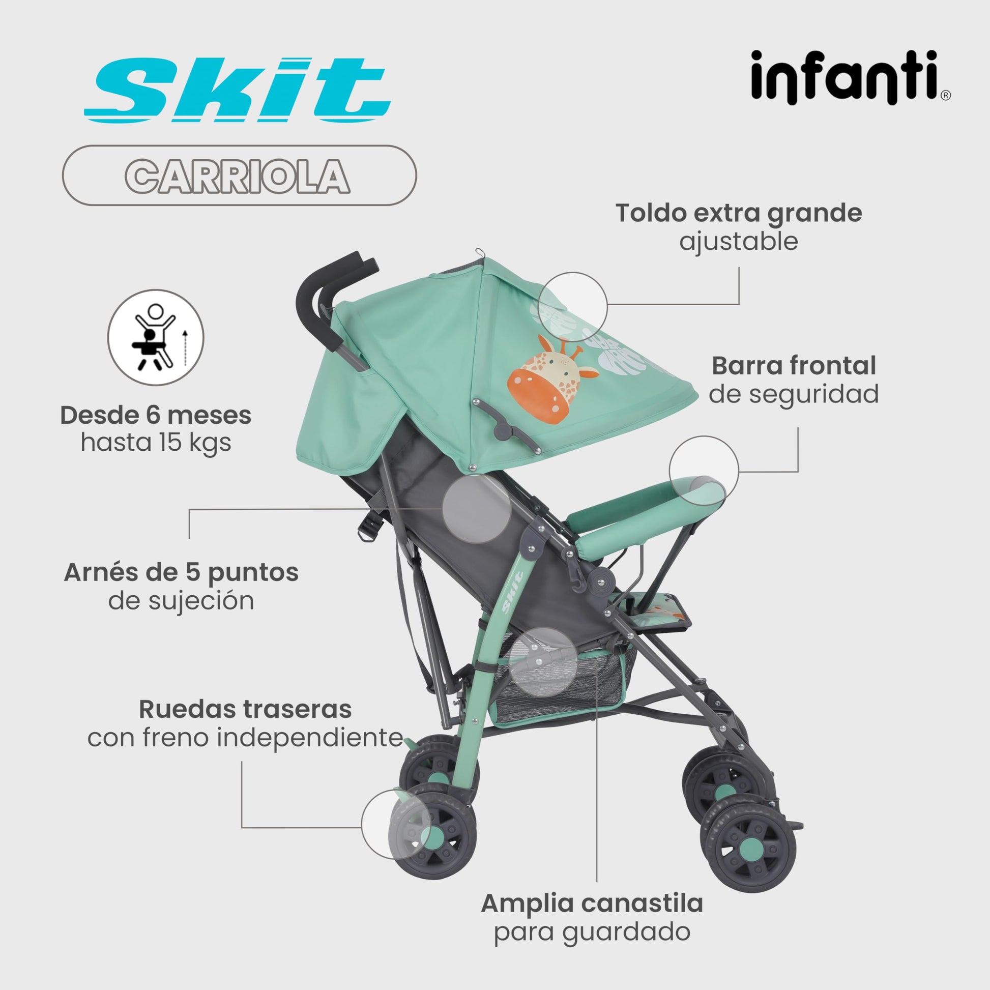 INFANTI | Carriola para Bebe de Baston SKIT | Carriola de Viaje - Carrito para Bebe | Cosas para Bebes 6 Meses hasta 15 kg - Compacta y Plegable | Carriola de Baston Ligera con Arnés de Seguridad