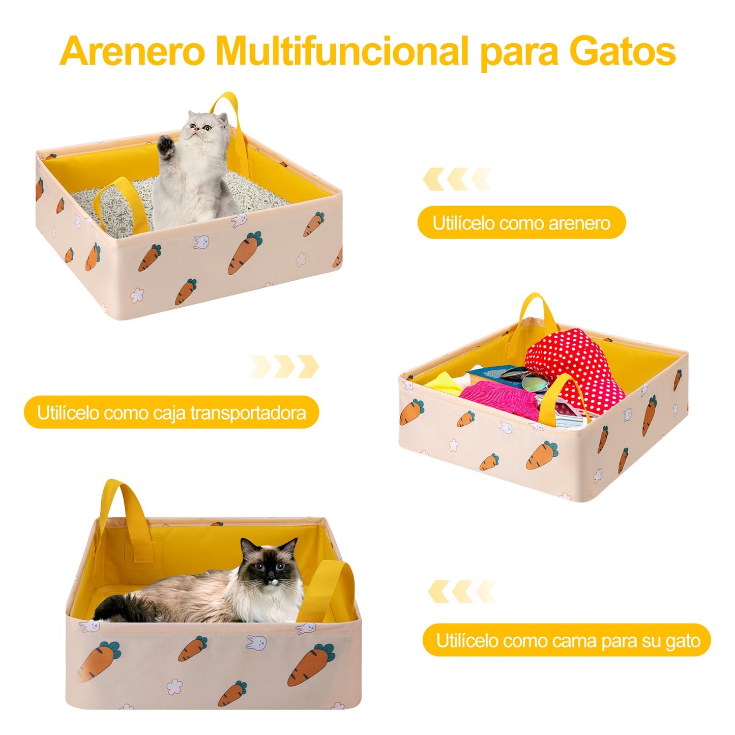 LESUCCI Caja de Arena para Gatos Portátil, Caja de Arena Plegable para Gatos con Asa Estándar para Viajes, Sin Fugas, Impermeable, Ideal para Gatos Medianos Y Pequeños, Fácil de Limpiar (Amarillo)