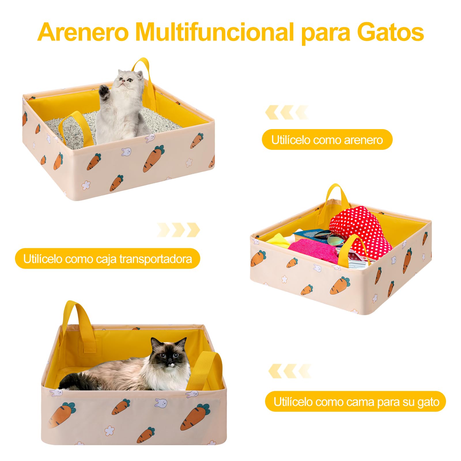 LESUCCI Caja de Arena para Gatos Portátil, Caja de Arena Plegable para Gatos con Asa Estándar para Viajes, Sin Fugas, Impermeable, Ideal para Gatos Medianos Y Pequeños, Fácil de Limpiar (Amarillo)