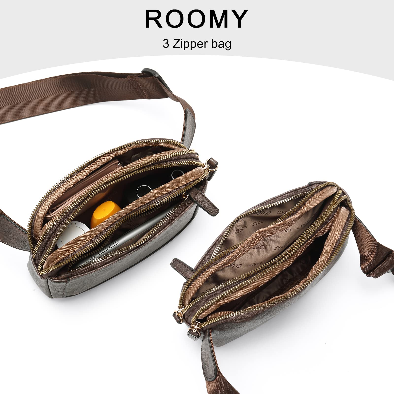 CLUCI - Riñonera para mujer, mini bolso cruzado en todas partes, correa ajustable, piel vegana, riñonera para mujer, Café oscuro, Una talla