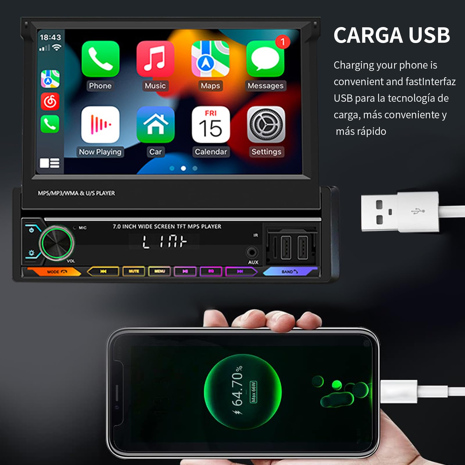 FINYQBET Stereo para Auto de 7 Pulgadas,estereo 1 din con CarPlay y Android Auto, Control de Volante y Cámara de Reversa,Estereos para Coches Ideal para Conducir Seguro y Disfrutar de Música Inmersiva