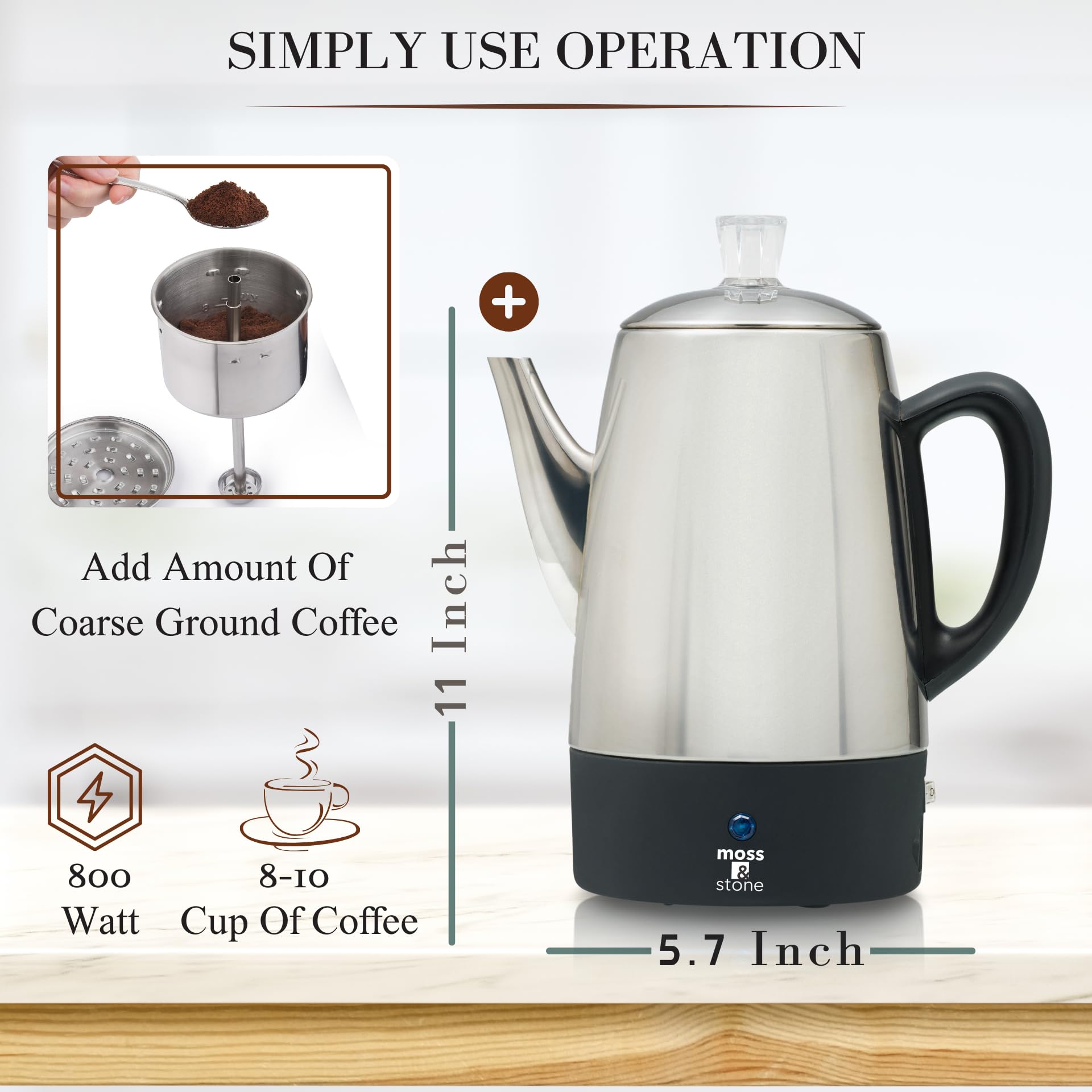 Cafetera eléctrica Moss & Stone de acero inoxidable para 10 tazas, cafetera eléctrica con función de mantener caliente, cafetera eléctrica de acero inoxidable para 10 tazas con cesta para café
