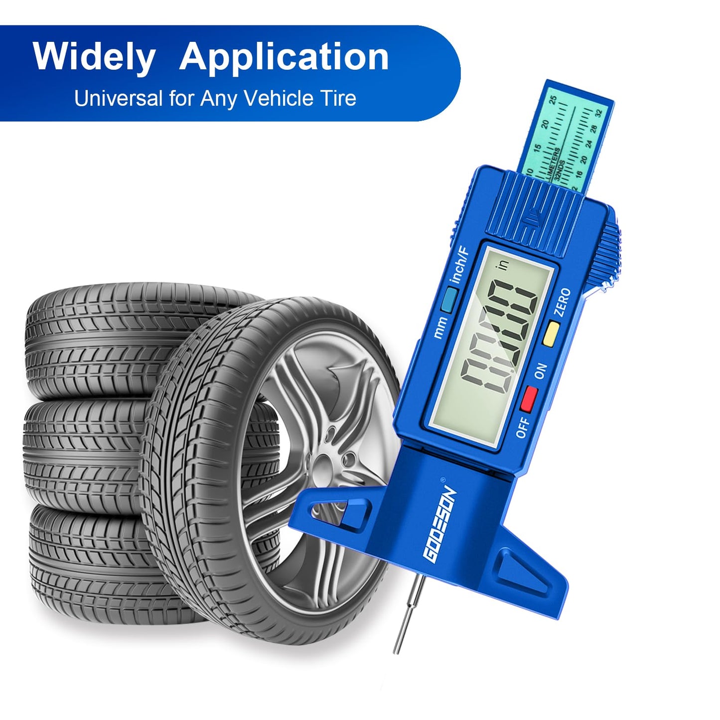 GODESON Medidor de profundidad de la banda de rodadura de neumáticos, medidor digital de profundidad de neumático con 3 modos de pulgada fraccionada, medidor de profundidad de neumático azul con barra