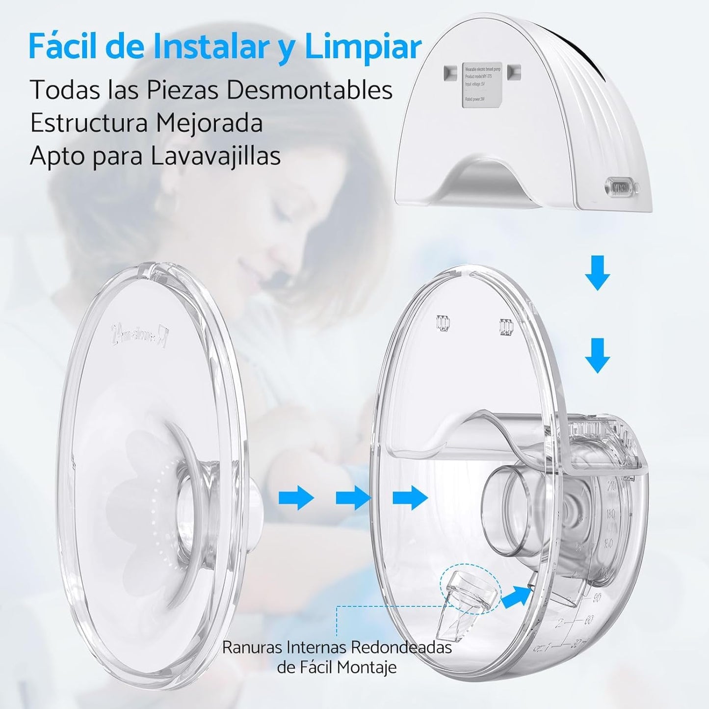 Extractor de Leche Eléctrico Portátil，Sacaleches Manos Libres con Pantalla Inteligente Diseño Antiderrames con 4 Modos y 12 Niveles de 210ml Menos Ruido con Bridas de 24/21/19 mm a Prueba de Fugas Extractor de Leche Inalámbrico Sin BPA (1)