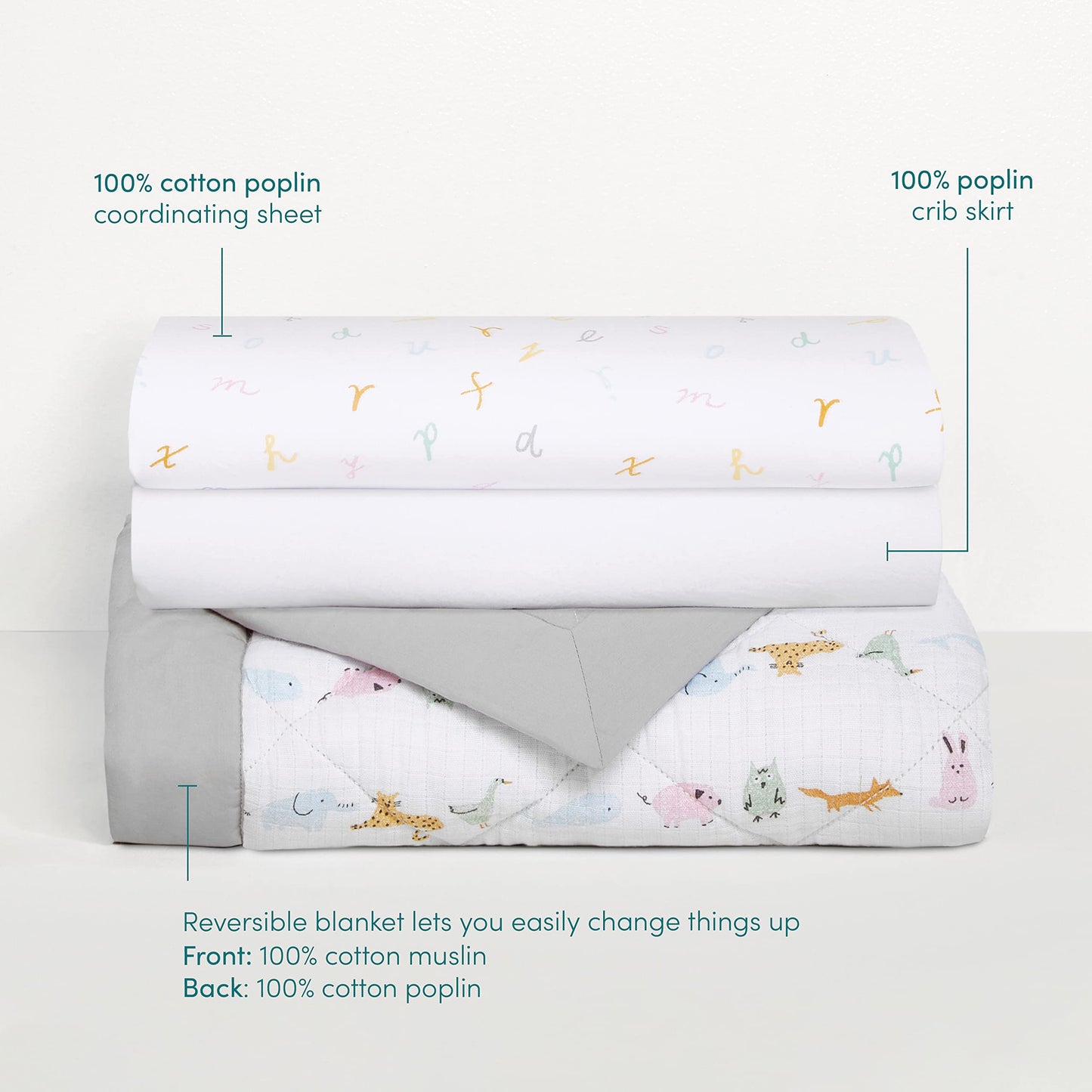 aden + anais Essentials - Juego de ropa de cama de 3 piezas, manta de algodón, sábana de cuna, falda de cuna, animales del alfabeto