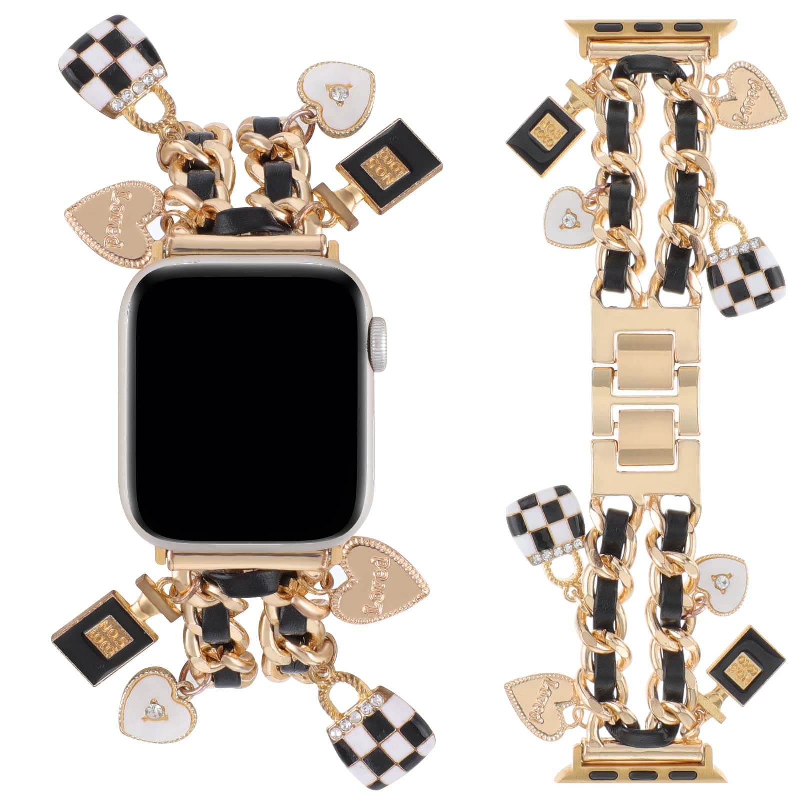 Pulsera REALSIGN dorada/negra con dijes de metal para iWatch Series 9-1 SE (42/44/45mm)