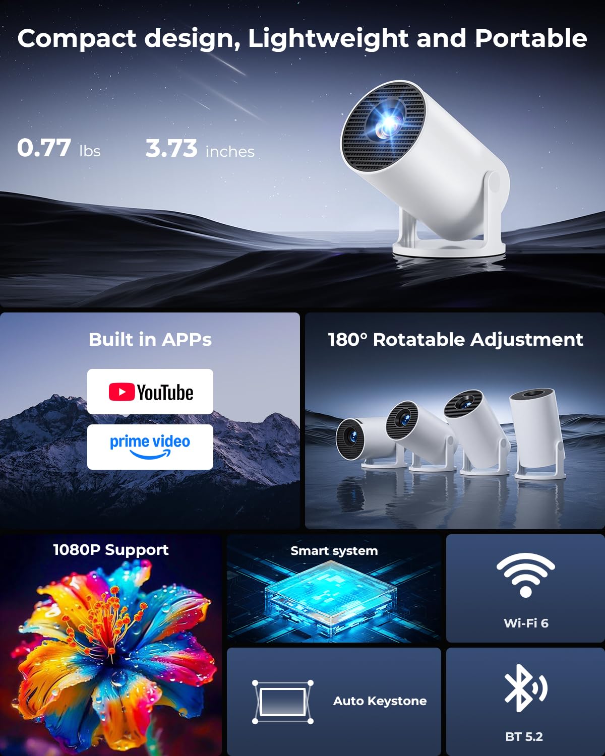 Mini proyector, proyector portátil con WiFi y Bluetooth, aplicaciones integradas, compatible con 4K 1080P, rotación de 180°, piedra clave automática, proyector de película compatible con HDMI/USB/TV