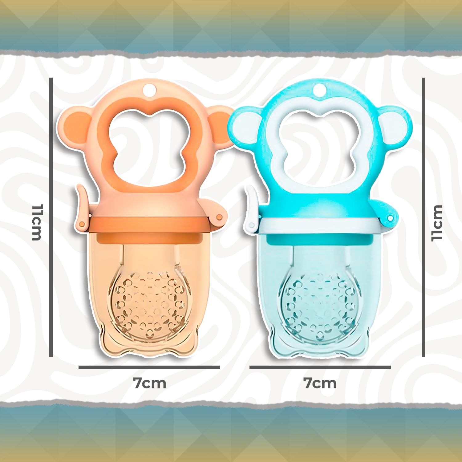 Chupones alimentadores para frutas y papillas con tapa libre de bpa, dibujos animados, 4m+ 2 piezas (monkey azul y monkey naranja)