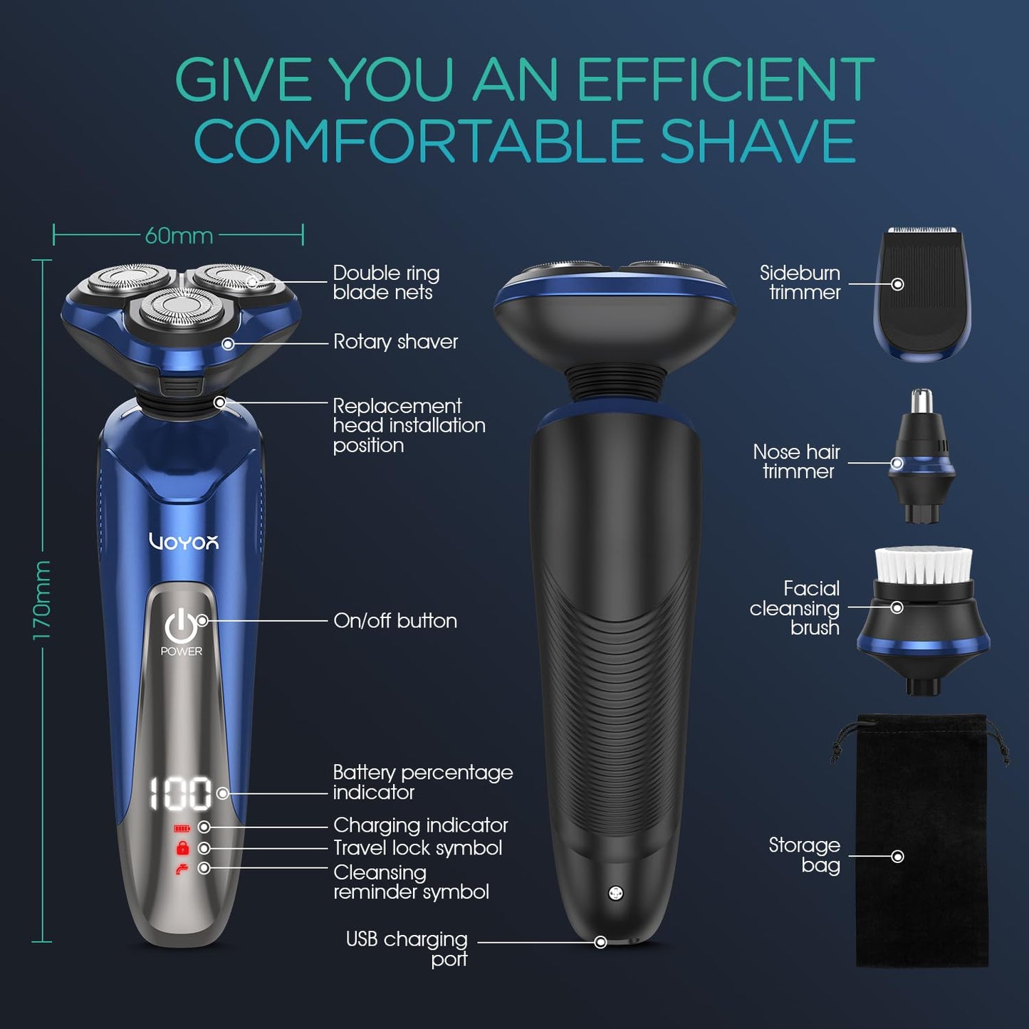 VOYOR - Maquinilla de afeitar eléctrica recargable para hombre, rotatoria 3D para hombre, máquina de afeitar 4 en 1, kit de afeitado para nariz, pantalla LCD húmeda y seca y bloqueo de viaje, TX410
