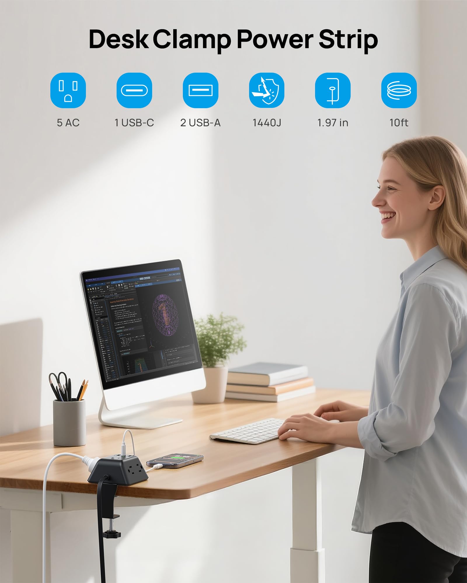 TROND Regleta Multicontacto con Abrazadera 3M, 5 Tomas AC y 3 Puertos USB, Protector de Sobretensión, Montaje en Escritorio, Apto para Mesas de 1.97", Ideal para Hogar, Oficina y Juegos,Negro