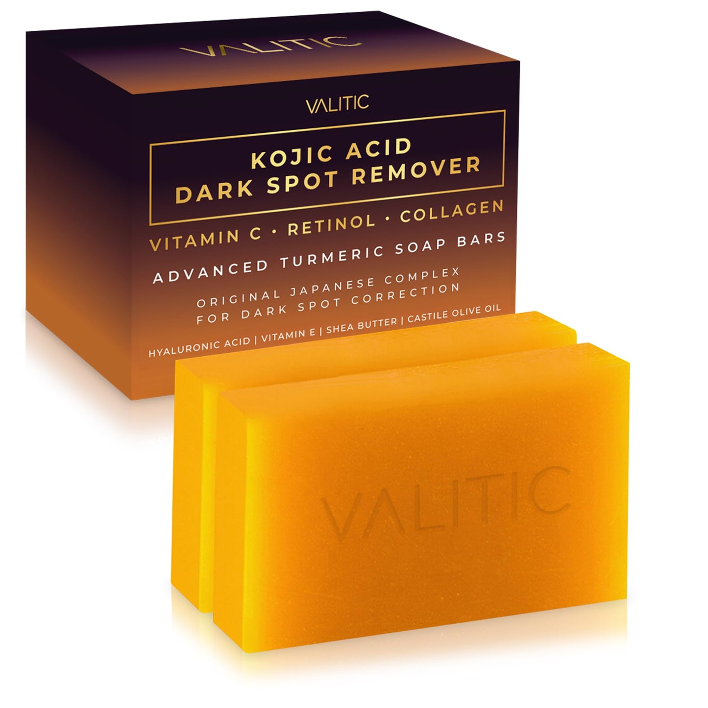 VALITIC- Jabón en barra con ácido kójico para eliminar manchas oscuras, vitamina C, retinol, colágeno y cúrcuma (original japonés)