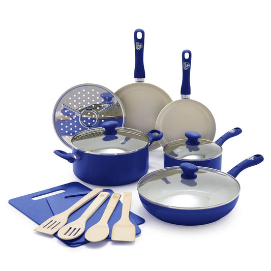 GreenLife - Juego de 15 ollas de cocina y sartenes de cerámica antiadherentes, sin PFAS, apto para lavaplatos, color azul, CC007348-001