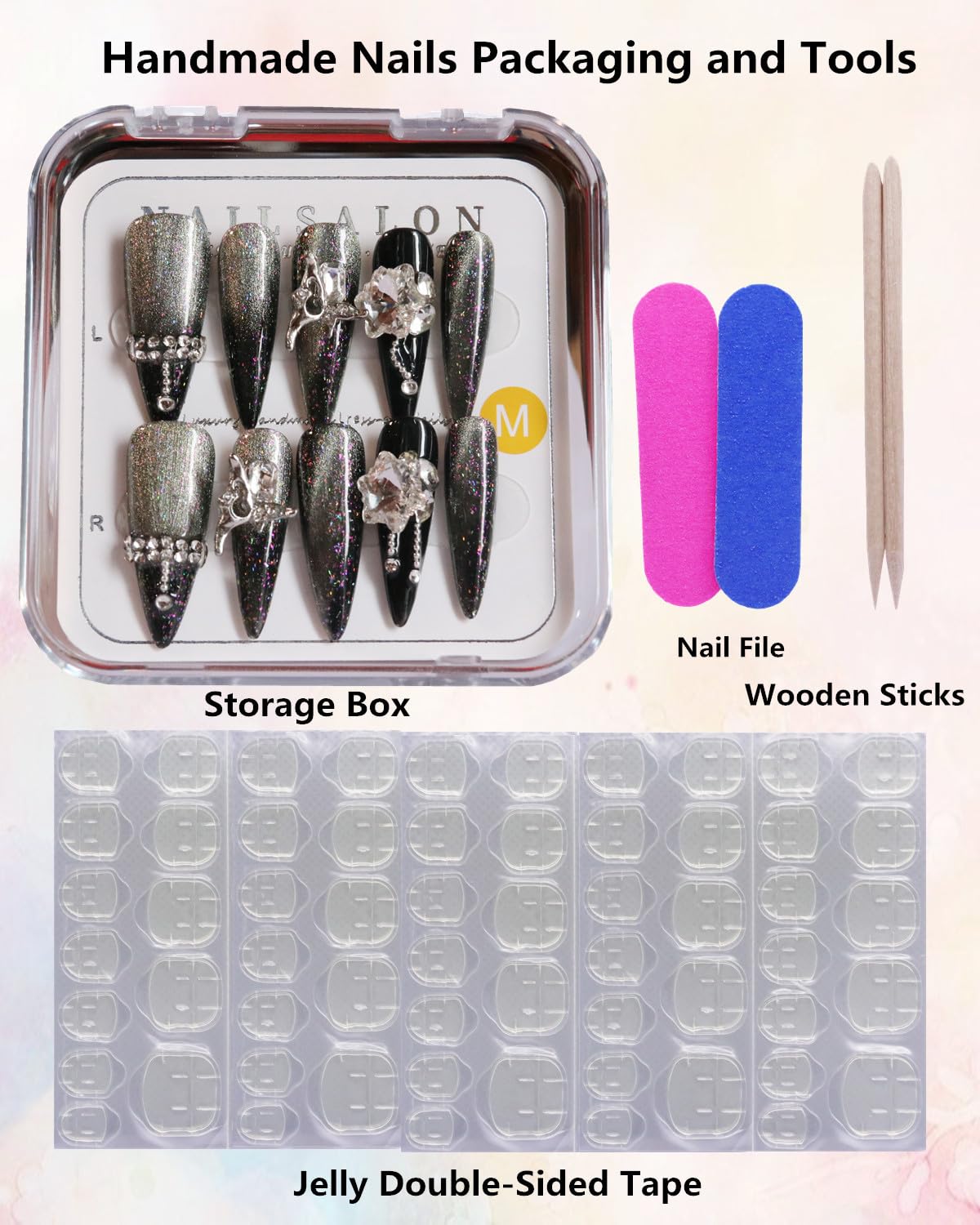 Camilcy Clavos Hechos A Mano, Punta Larga, Negra, Pintada A Mano, Reutilizable, Gel, Acabado Uv, Uñas Postizas Preformadas para Mujeres, 10 Piezas, Uñas 3D, Con Estrás, Prensa En Uñas(Negro, Talla M,
