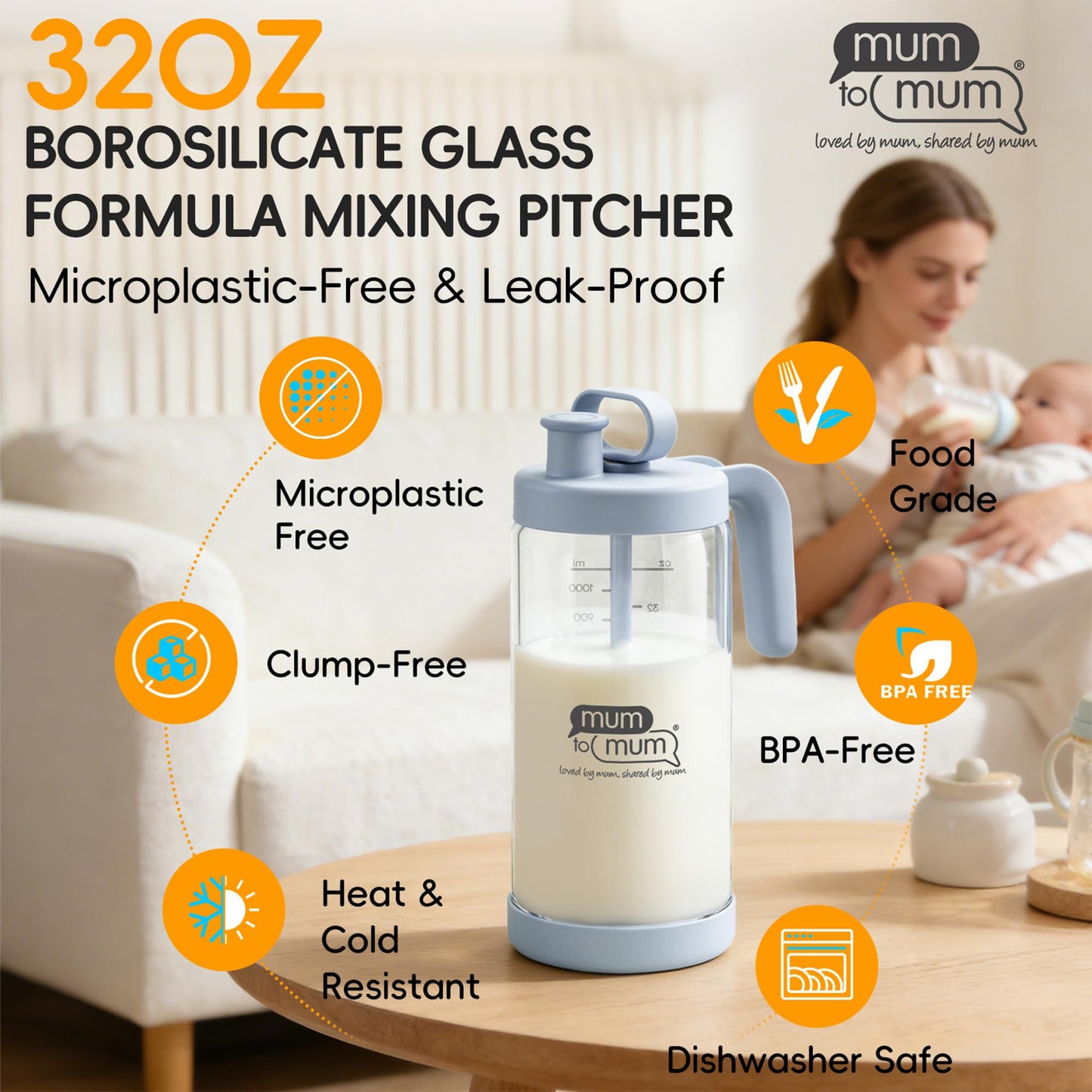 MUM TO MUM - Jarra de mezcla de vidrio de borosilicato de 32 onzas, jarra de leche materna de vidrio, recipiente de almacenamiento de leche, jarra de fórmula para bebé (verde claro)