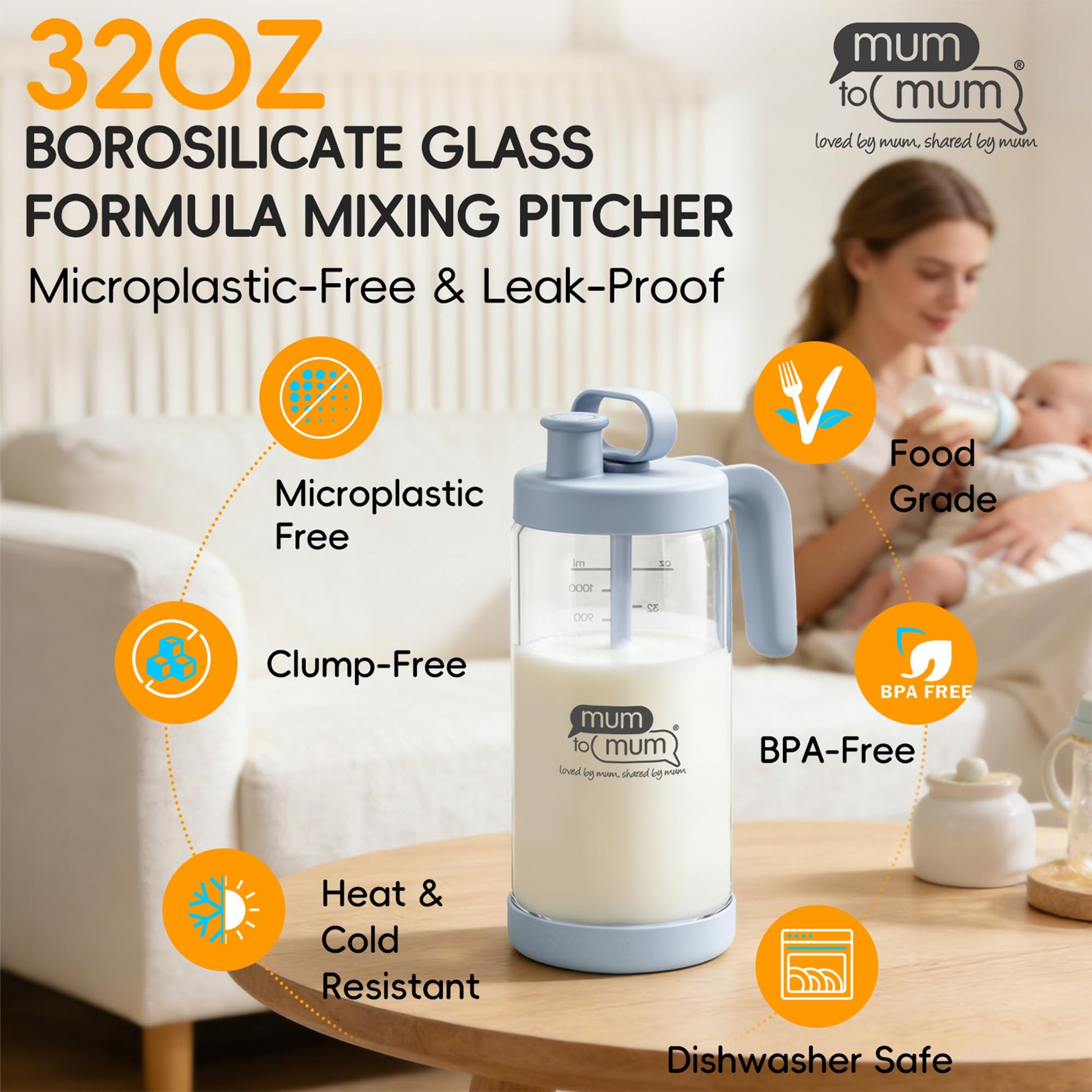 MUM TO MUM - Jarra de mezcla de vidrio de borosilicato de 32 onzas, jarra de leche materna de vidrio, recipiente de almacenamiento de leche, jarra de fórmula para bebé (verde claro)