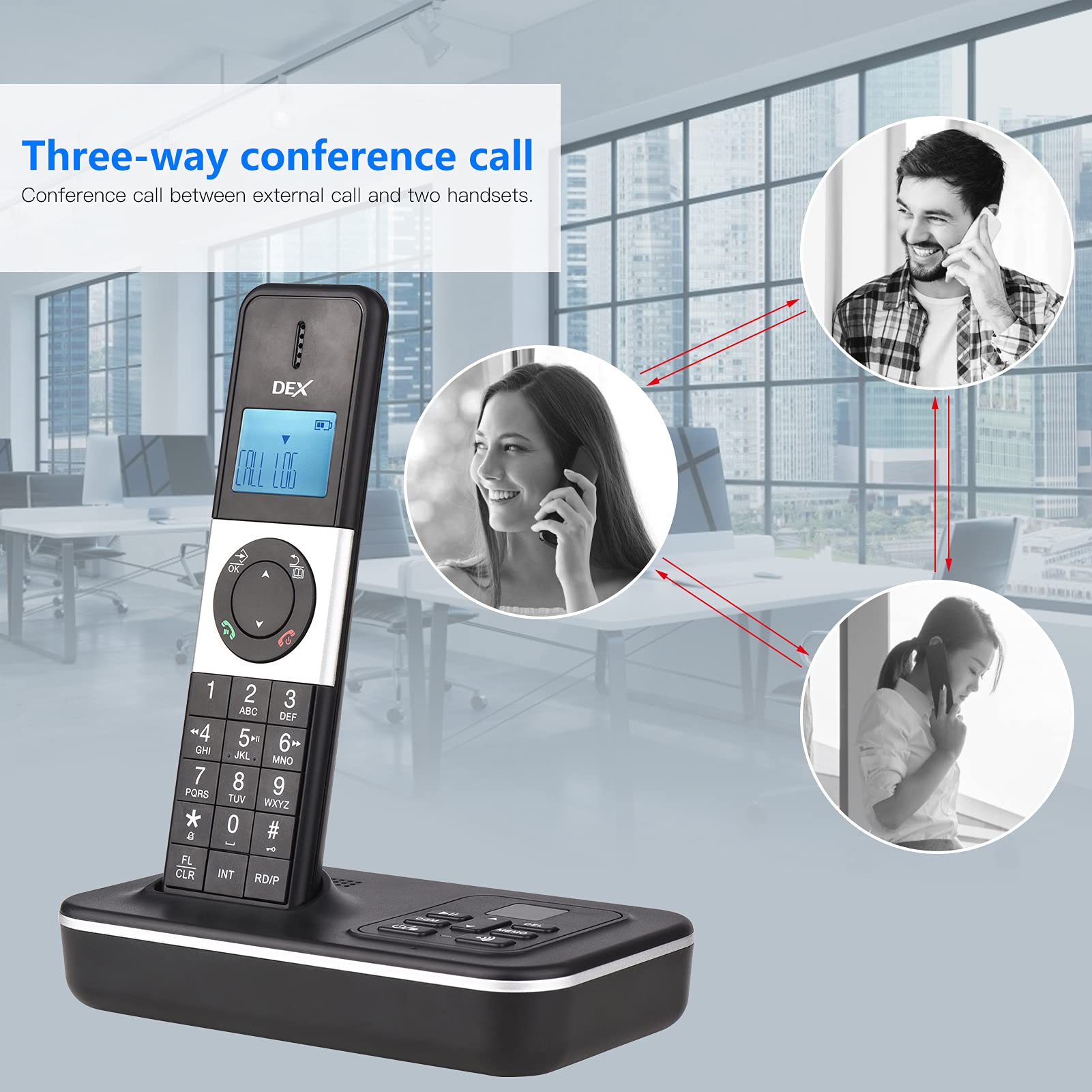 BHCASE D1002 Tam-T Teléfono inalámbrico de 3 Auriculares con contestador automático Identificador de Llamadas/Llamada en Espera Pantalla LCD de 1,6 Pulgadas,Pantalla de 3 líneas Baterías Recargables
