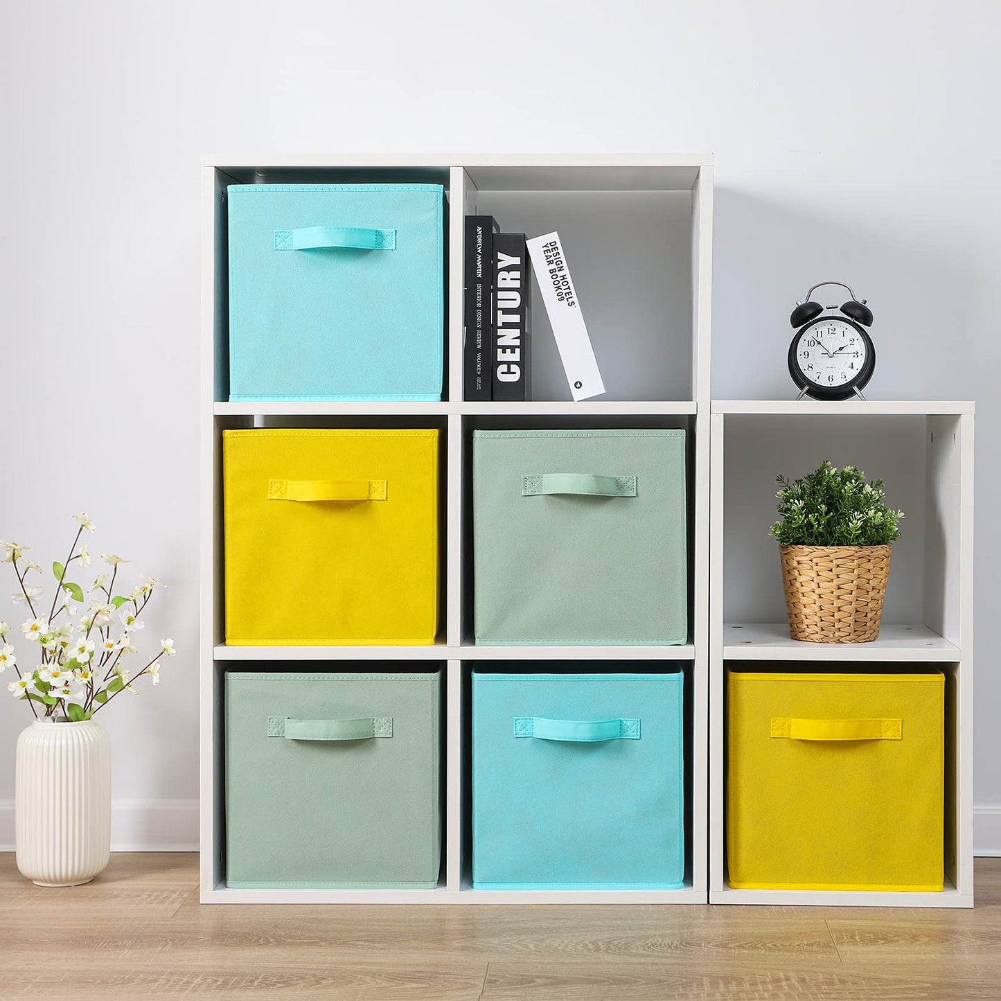 Cubos de tela para almacenamiento de 13 x 13 x 13 pulgadas, paquete de 6, divertidos cubos de almacenamiento de colores con asas, los niños,cian, verde, amarillo